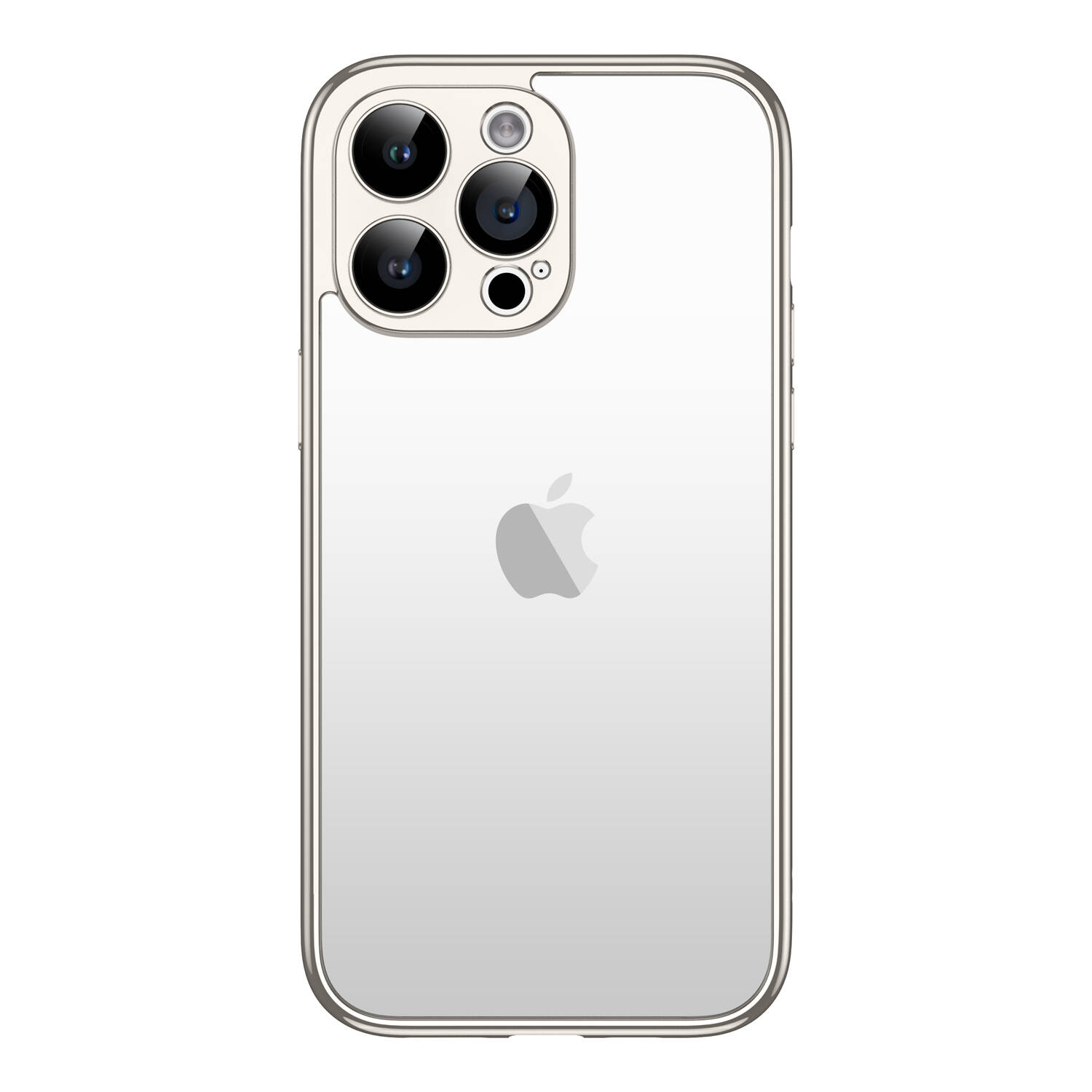 Üç kameralı beyaz iPhone'un arkası ve Apple logosu.