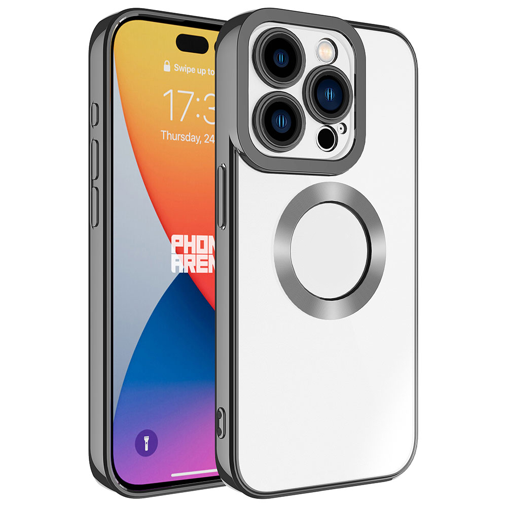 Gümüş kenarlı ve kamera çıkıntılı şeffaf iPhone kılıfı.