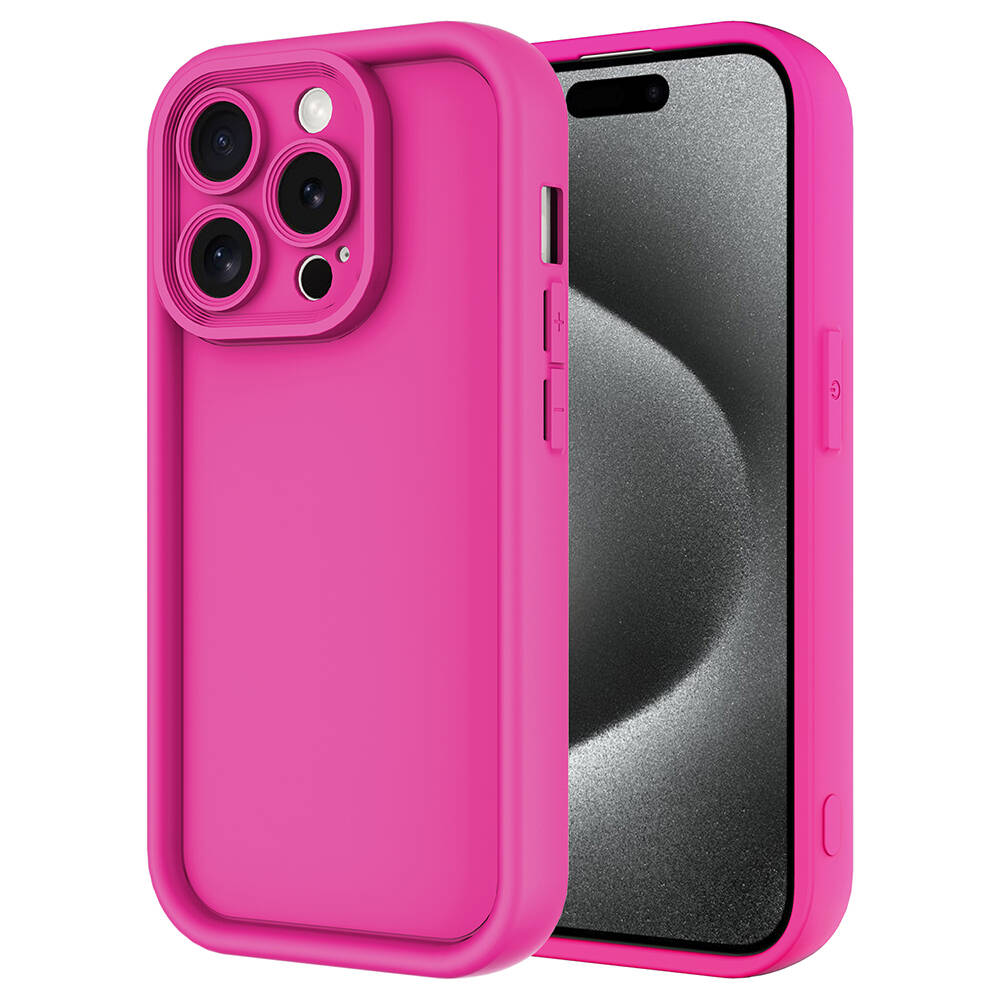 Kamera çıkıntılı ve telefon ekranlı parlak pembe telefon kılıfı.