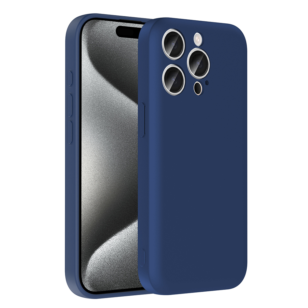 Üç kameralı, gümüş halkalı lacivert telefon kılıfı.