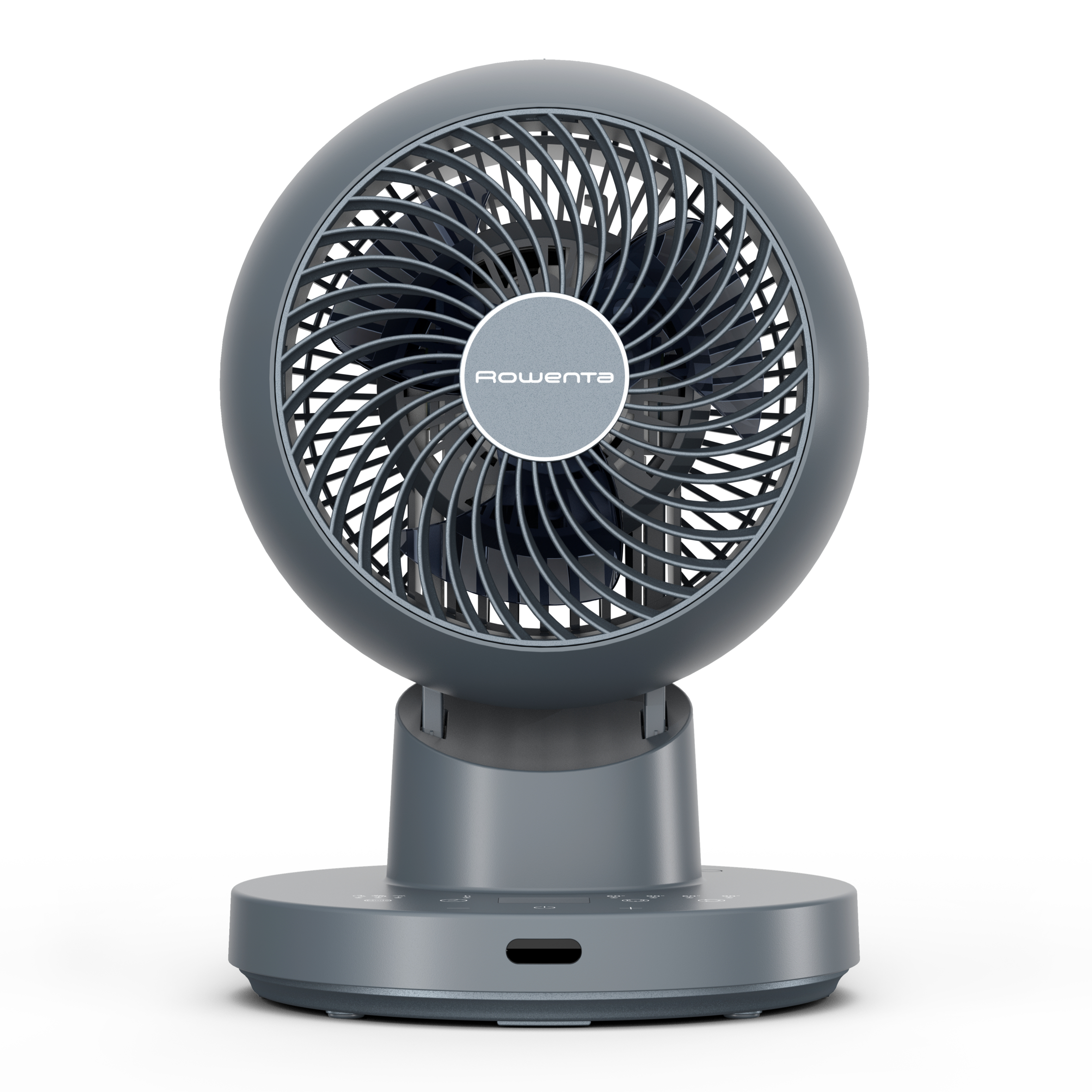 Grauer Tischventilator mit Rowenta-Logo auf dem Gitter.