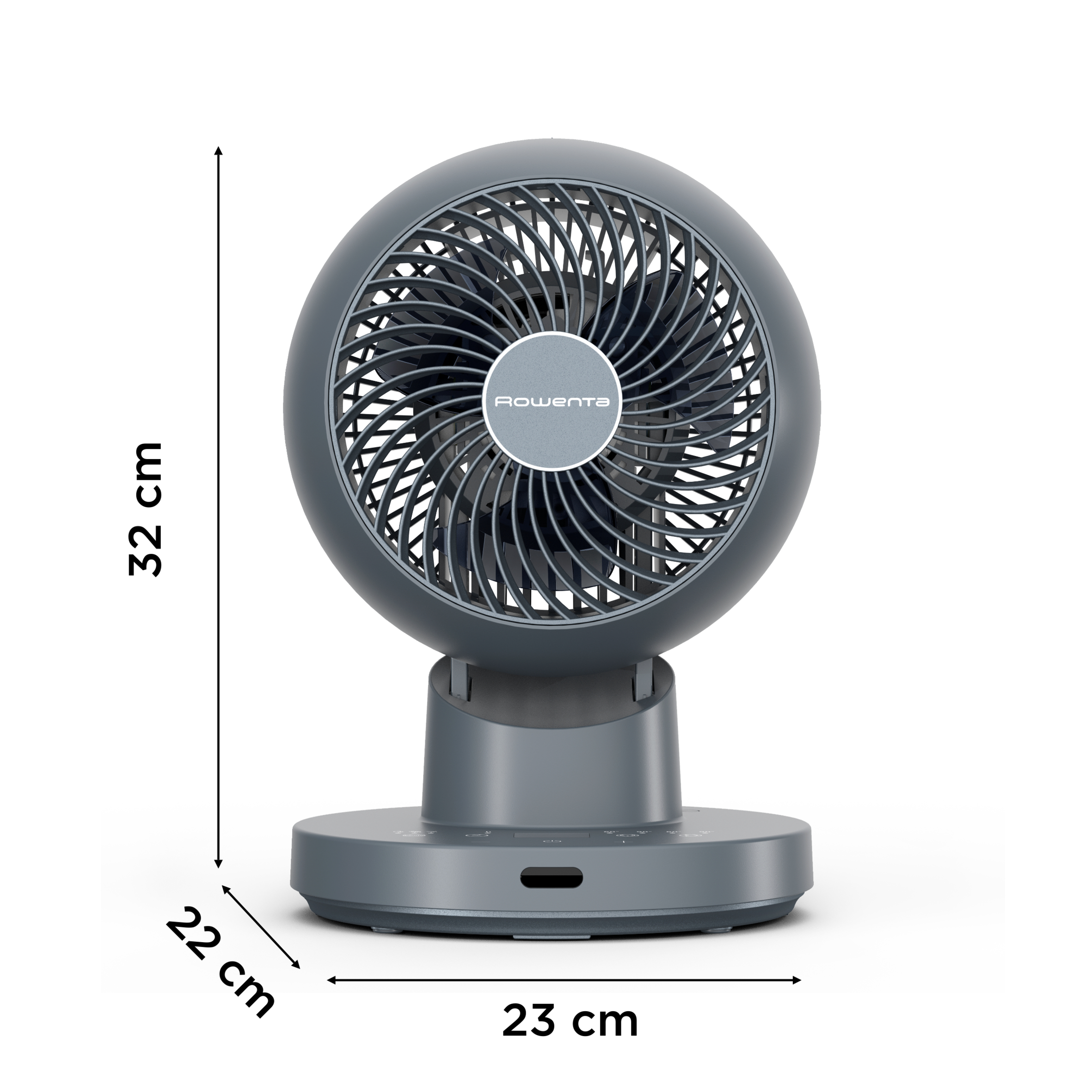 Grauer Rowenta Ventilator: Höhe 32 cm, Tiefe 22 cm, Breite 23 cm.