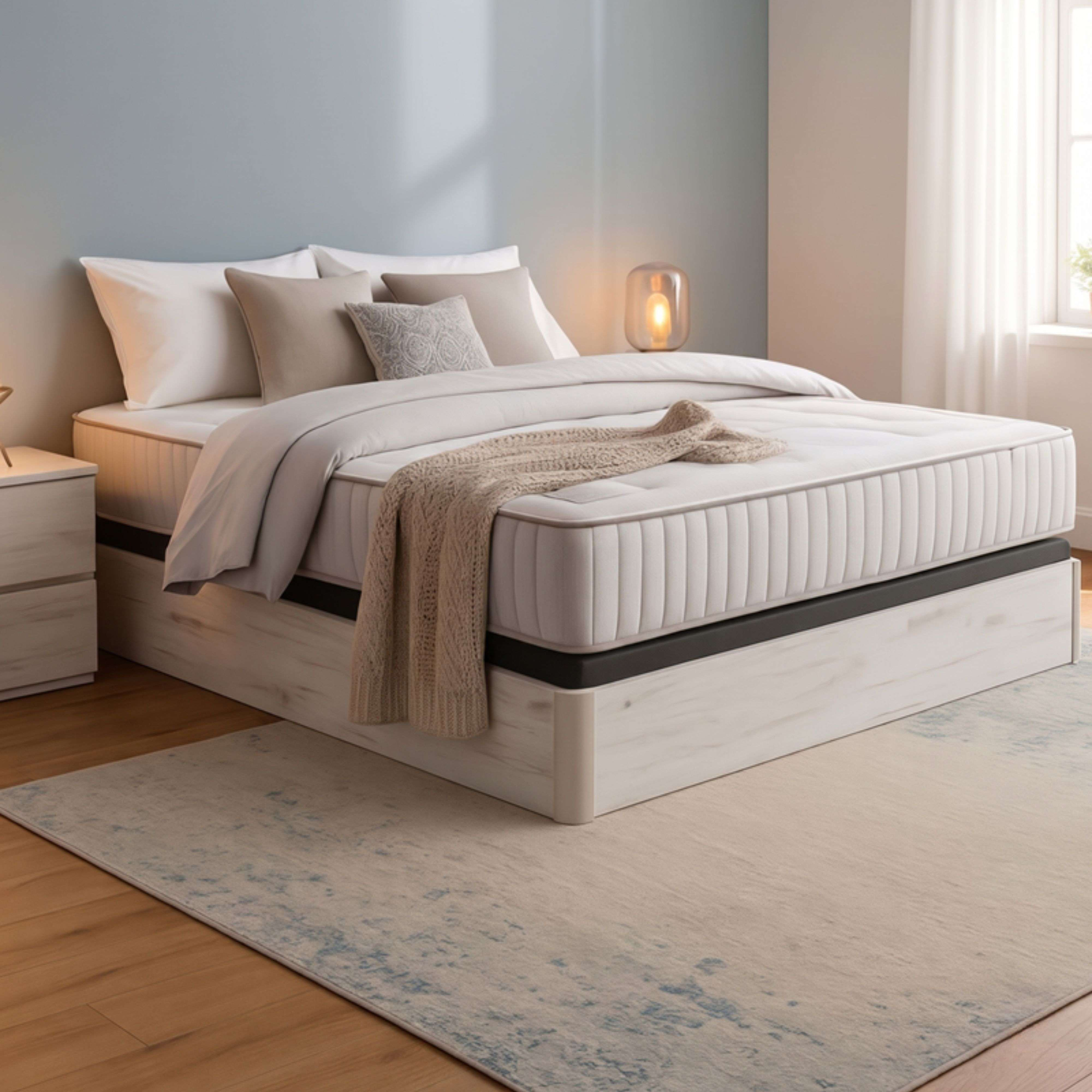 Una cama con ropa de cama blanca, cojines y manta, junto a una mesita de noche.