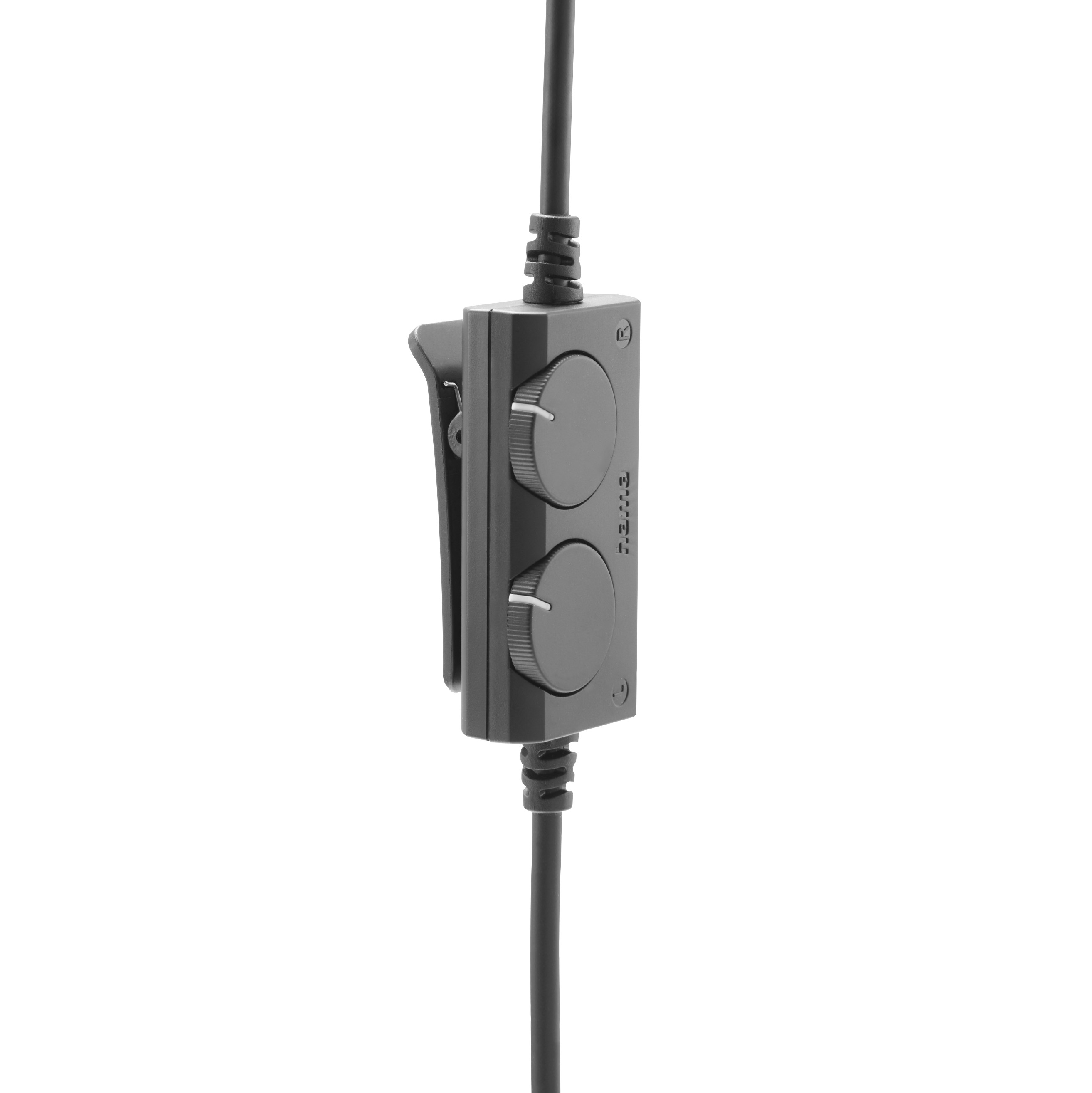 Télécommande en ligne noire avec deux boutons et un clip.