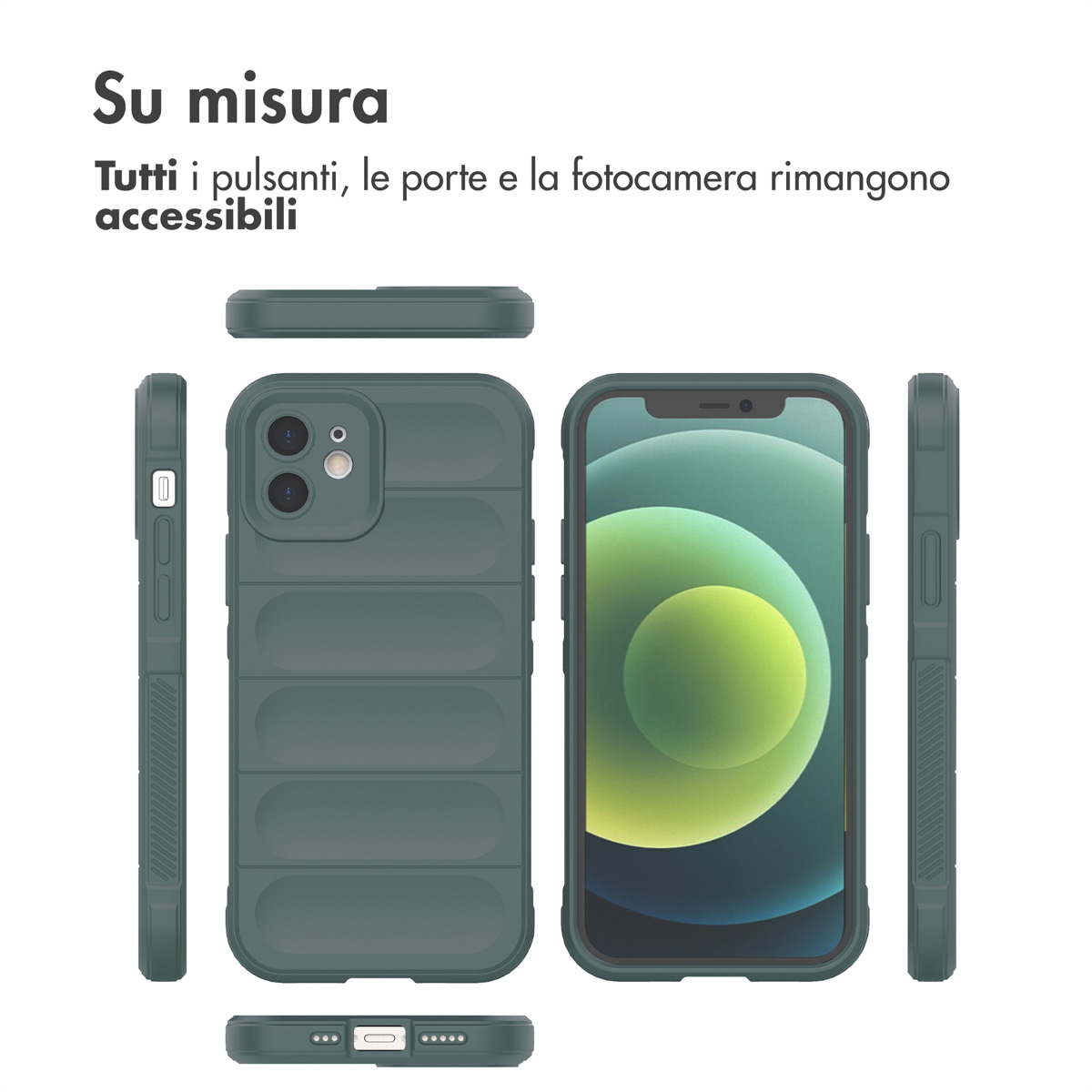 Une coque de téléphone verte est montrée sous plusieurs angles.