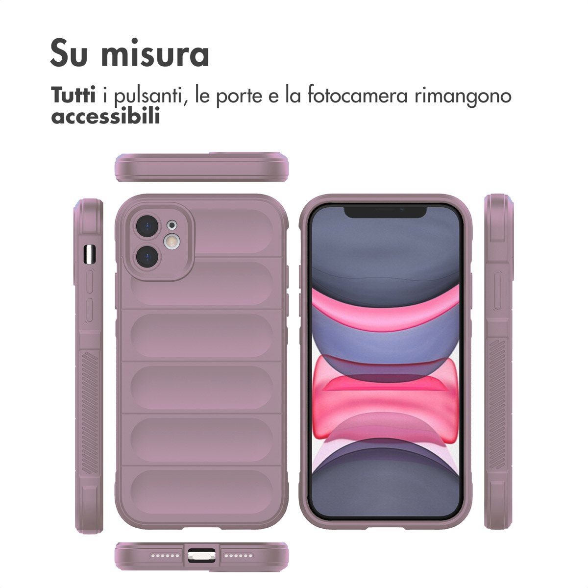 Une coque de téléphone violette vue sous plusieurs angles, laissant accès aux boutons et ports.