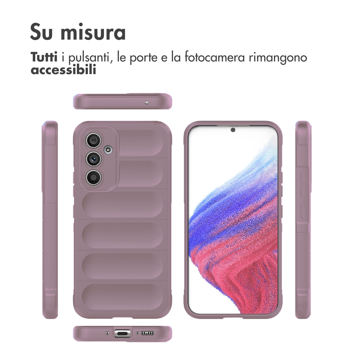 Custodia viola per telefono con design a coste e ritagli per fotocamera e porte.