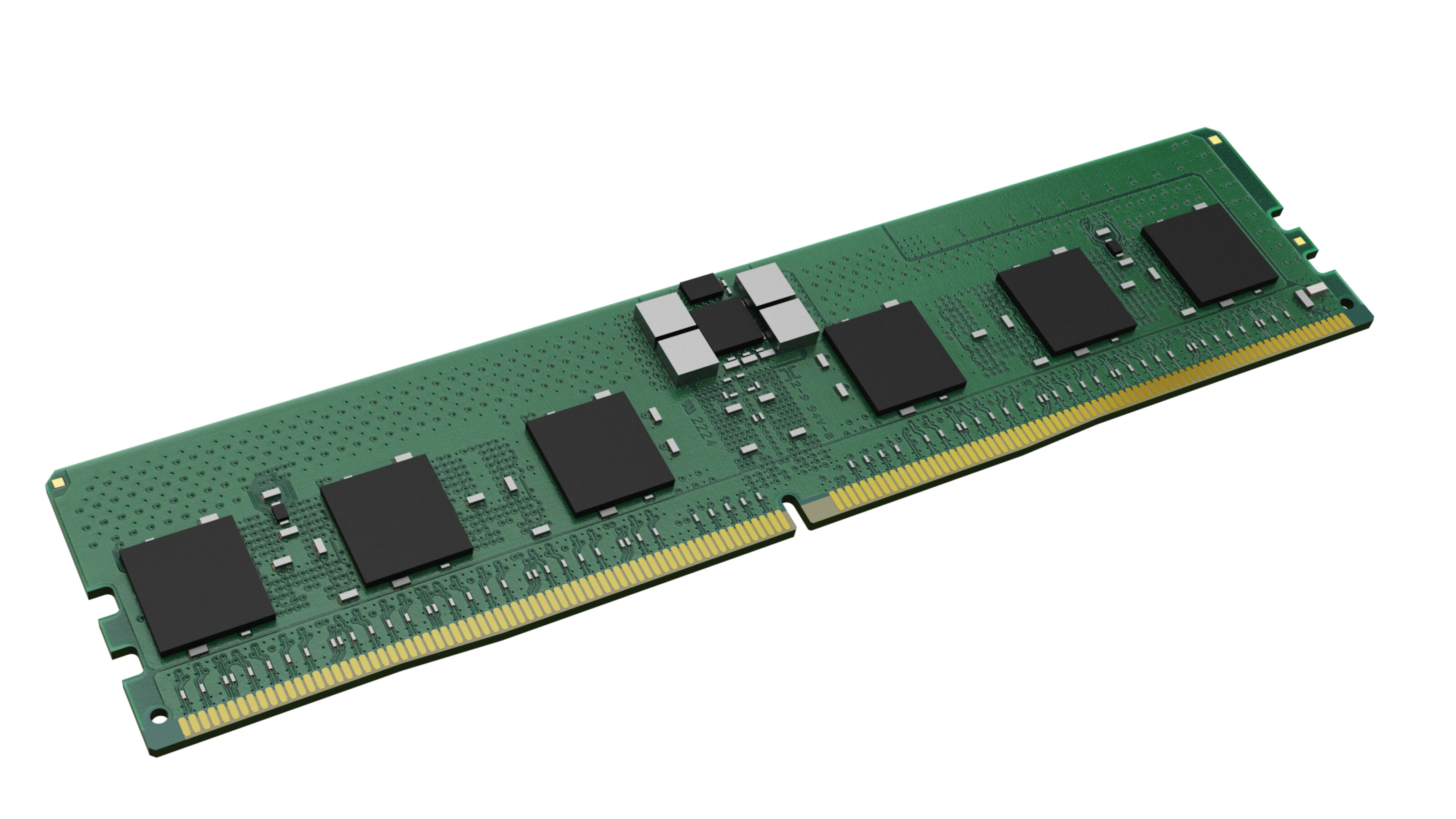 Ein grünes RAM-Modul mit schwarzen Speicherchips und goldenen Kontakten.