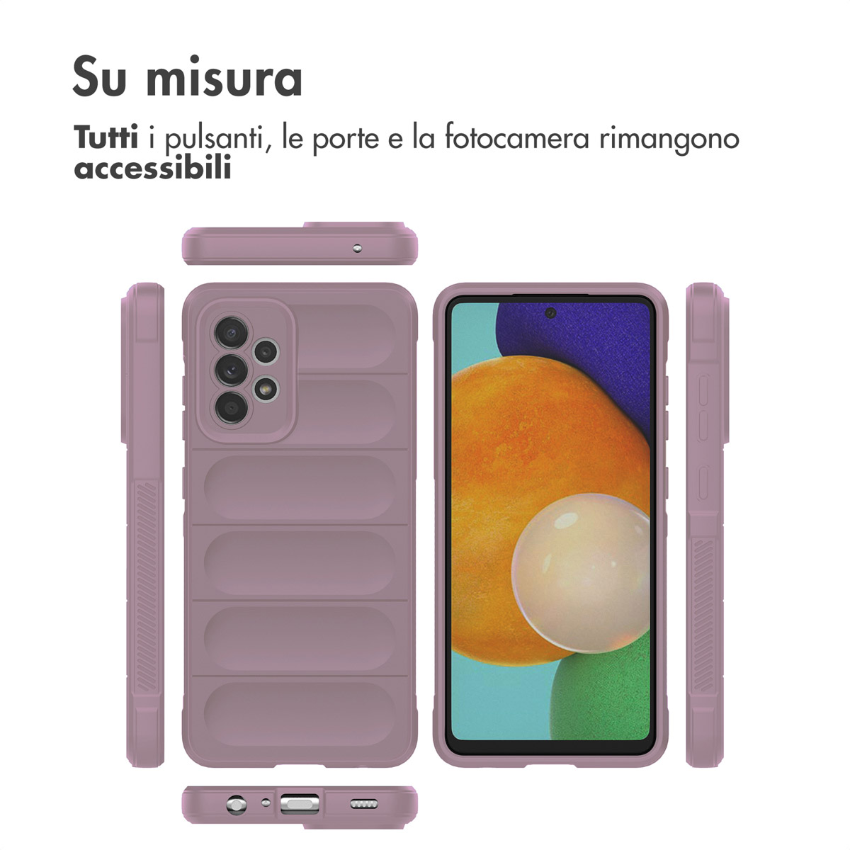 Coque de téléphone violette vue sous plusieurs angles, avec module caméra et écran.