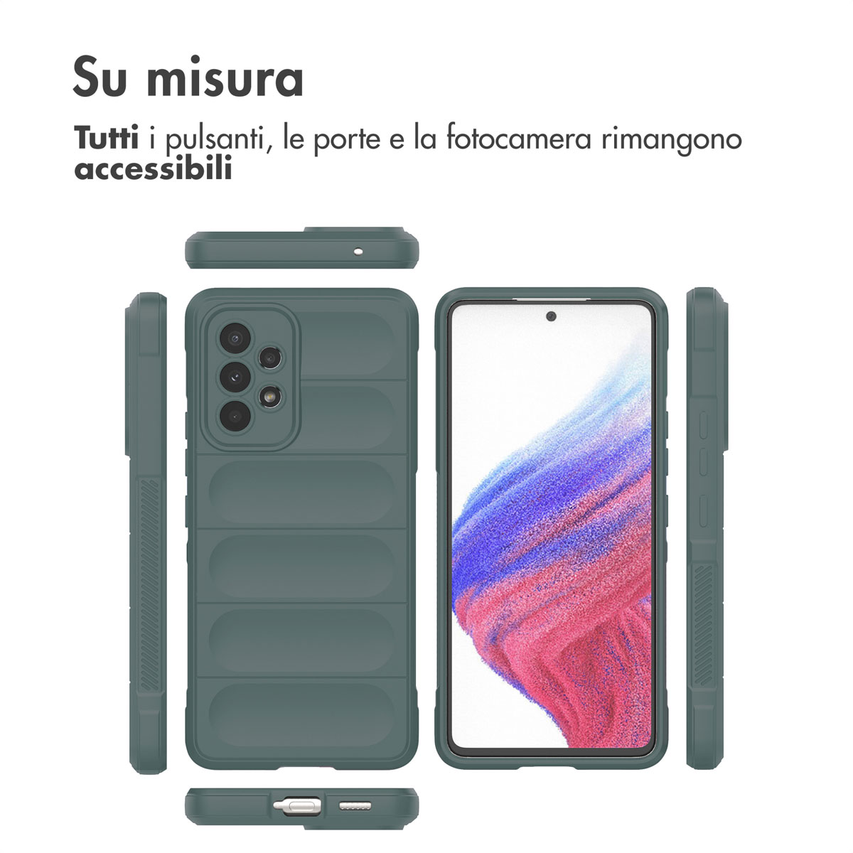 Coque de téléphone verte vue sous plusieurs angles, avec découpes pour appareil photo et ports.
