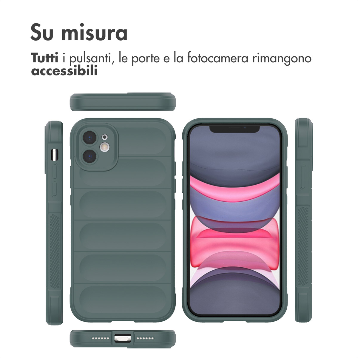 Trois vues d'une coque de téléphone vert foncé avec des nervures horizontales.