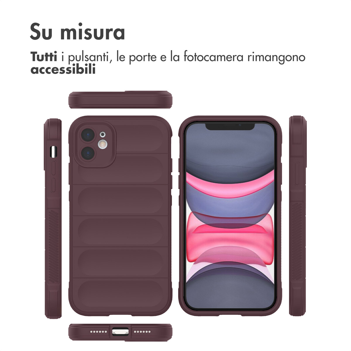 Coque iPhone rouge foncé vue sous plusieurs angles, boutons et ports accessibles.