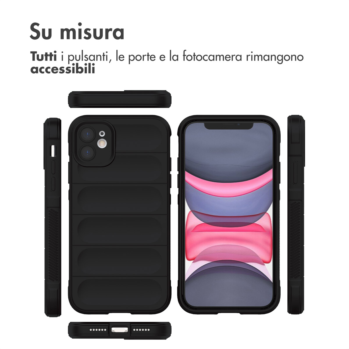 Coque de téléphone noire vue de face, de dos et de côté.