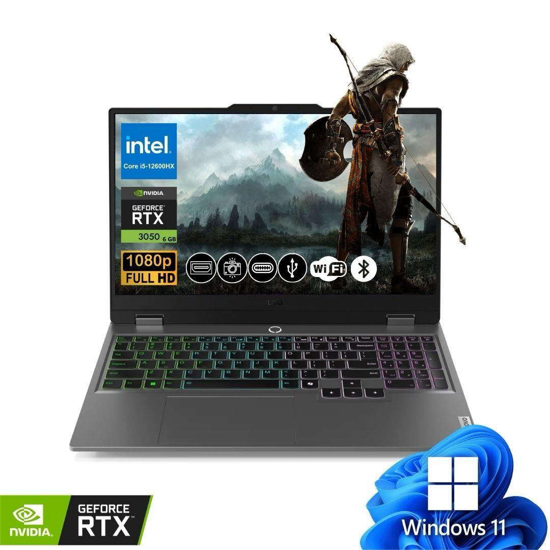 Intel Core i5, Nvidia RTX 3050 ve Windows 11'e sahip bir dizüstü bilgisayar. Ekranda bir oyun karakteri gösteriliyor.