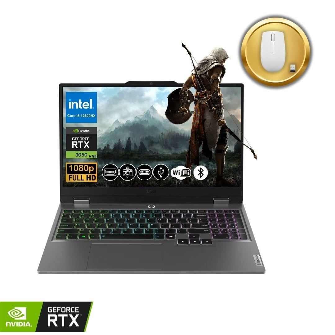Intel Core i5, NVIDIA RTX 3050, 1080p oyun laptopu. Beyaz fare dahil.