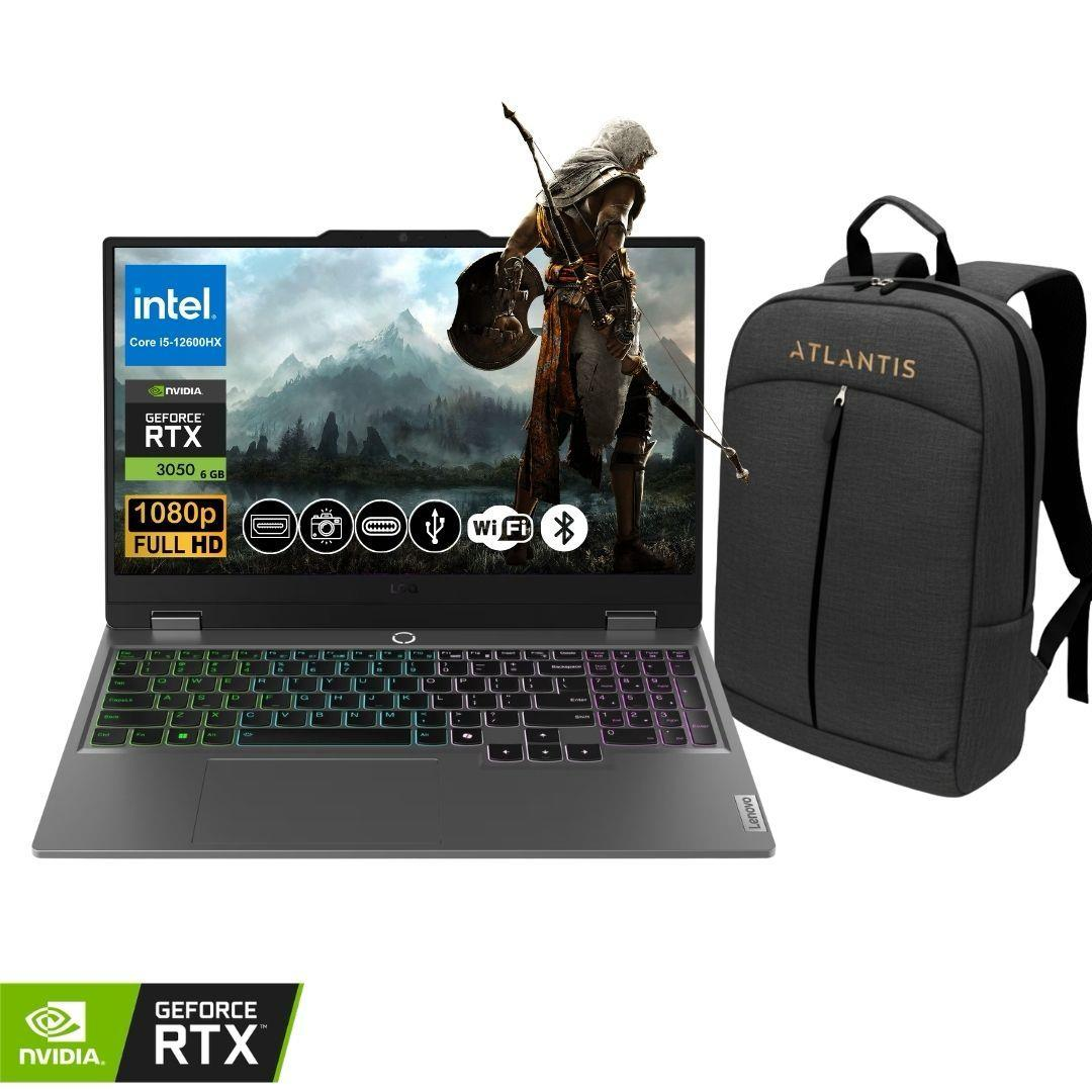 Intel Core i5 ve RTX 3050 işlemcili dizüstü bilgisayar, yanında siyah Atlantis sırt çantası.