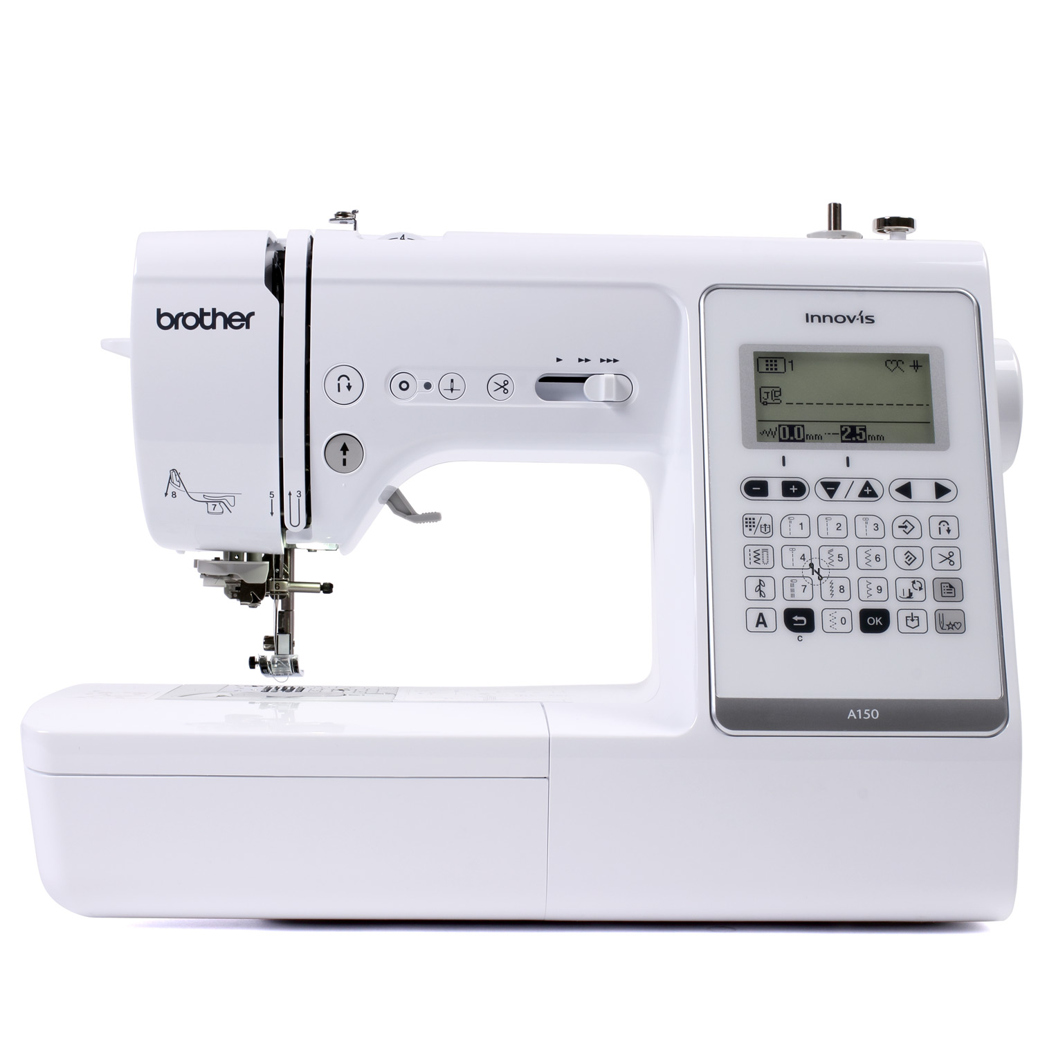 Eine weiße Nähmaschine von Brother mit digitalem Display und Tasten.