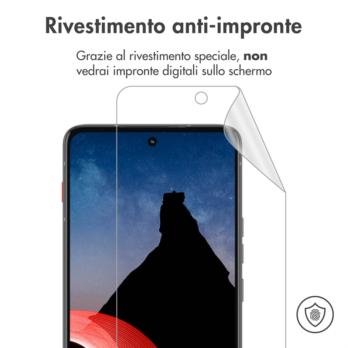 A screen protector is applied to a smartphone displaying a mountain scene.