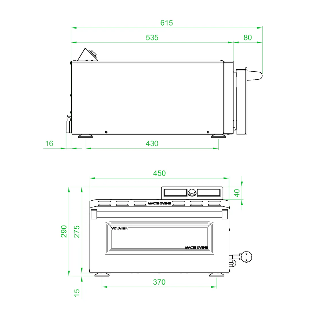 Disegno tecnico di un forno Macte Ovens Voyager con dimensioni.