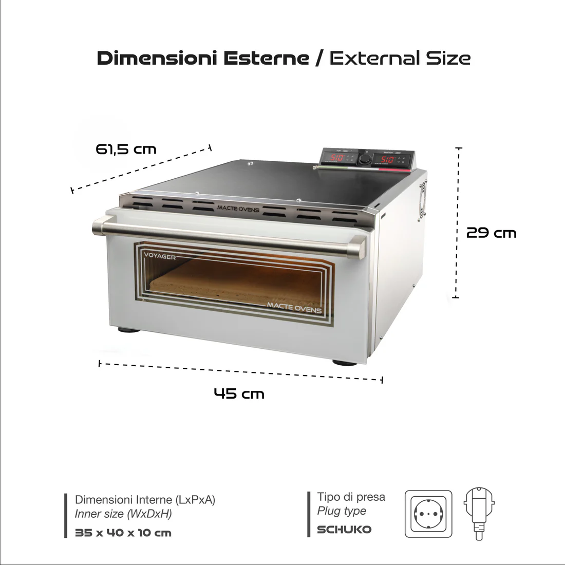 Un forno argentato con porta in vetro e display digitali, dimensioni indicate.