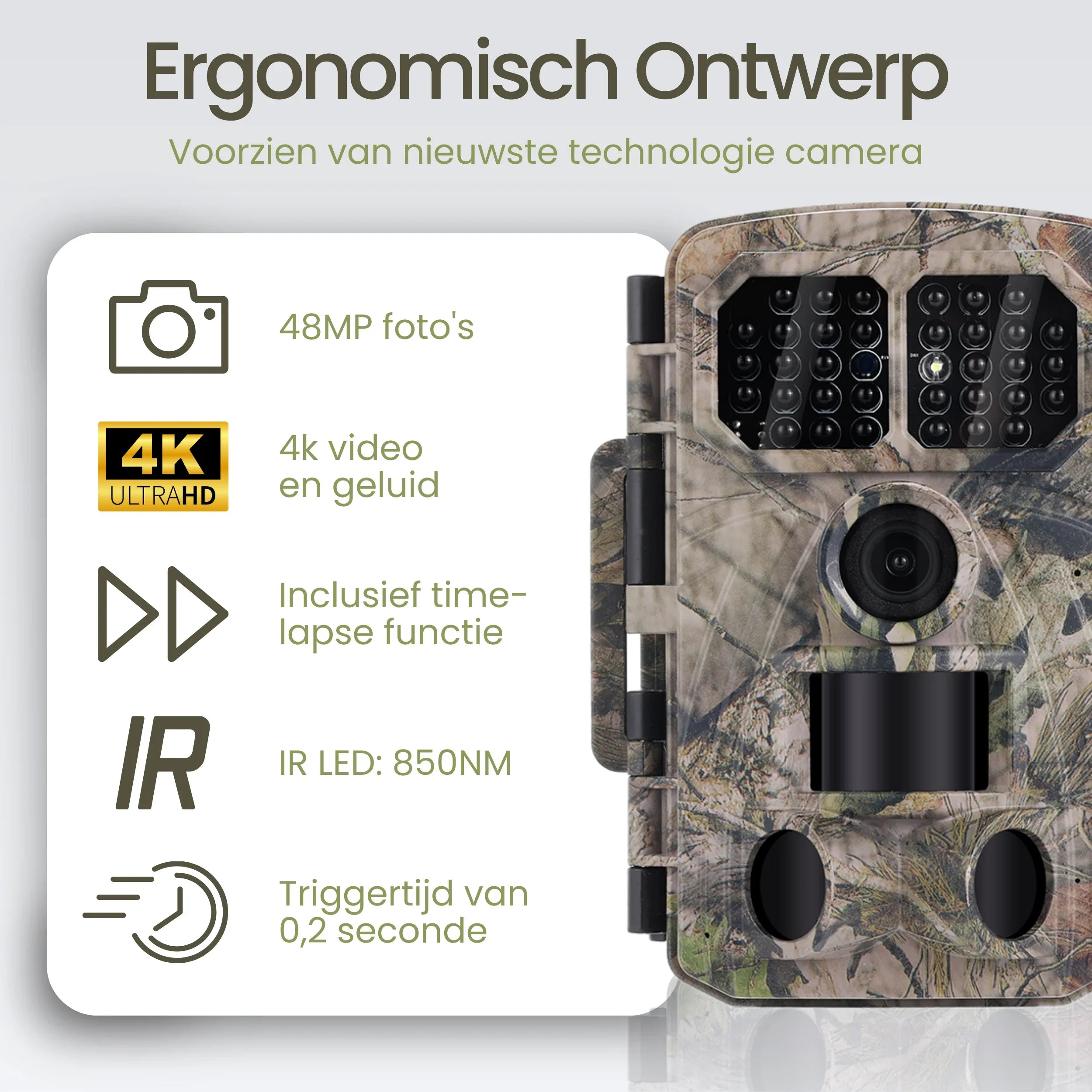 Camouflaged camera featuring 48MP photos, 4K video, timelapse & IR LED.