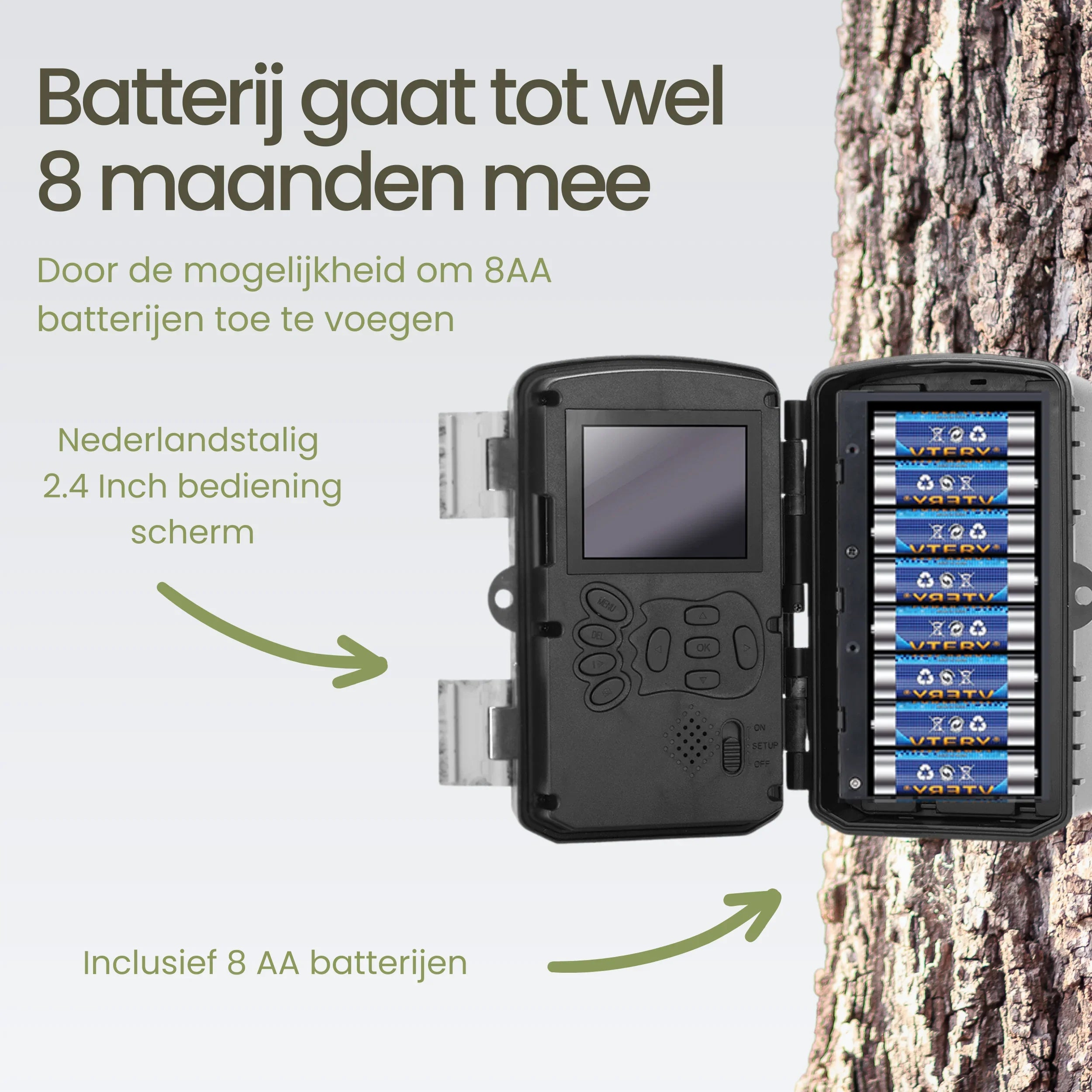 A trail camera with 8 AA batteries, 2.4-inch screen, and Dutch interface.