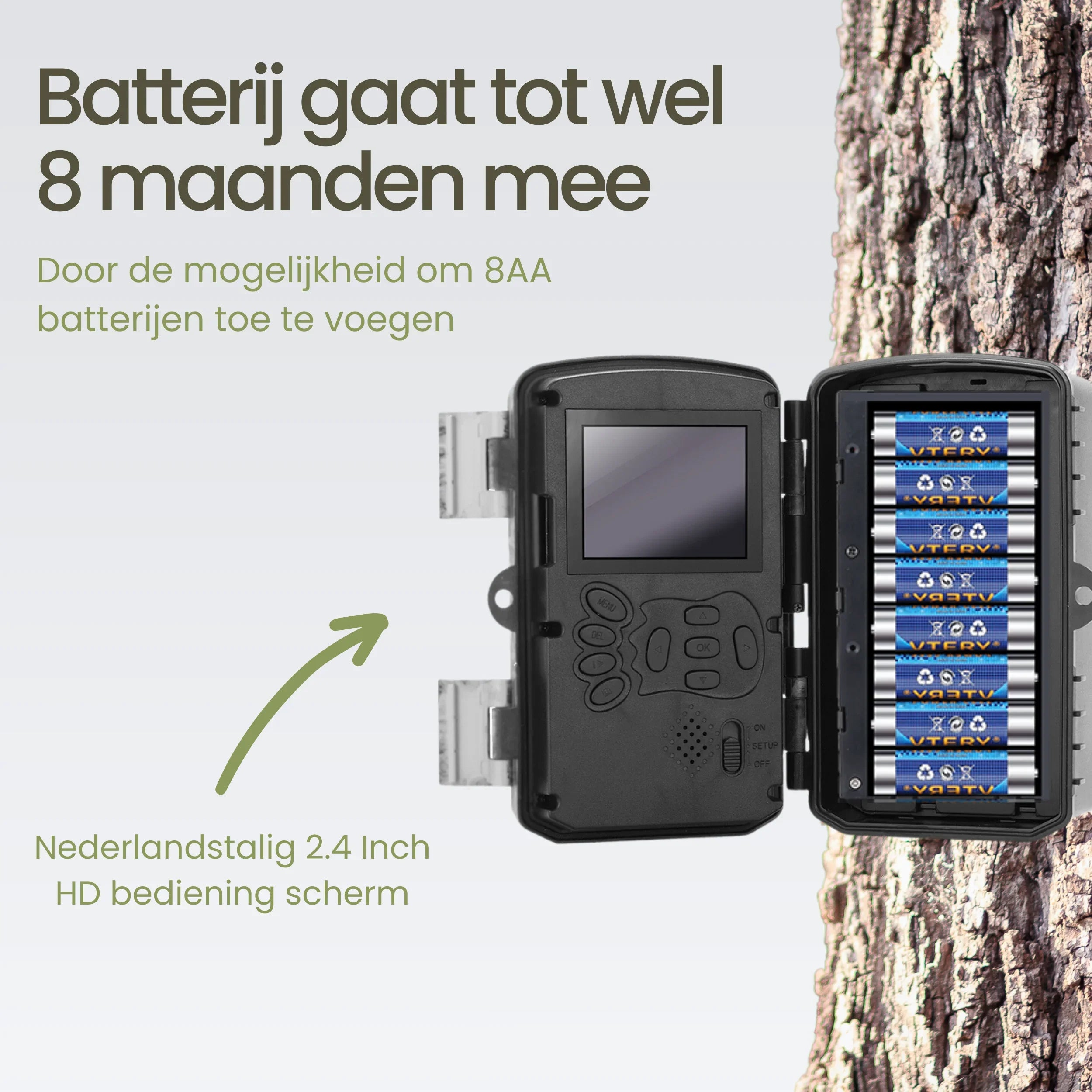 A trail camera with a battery compartment holding 8 AA batteries.