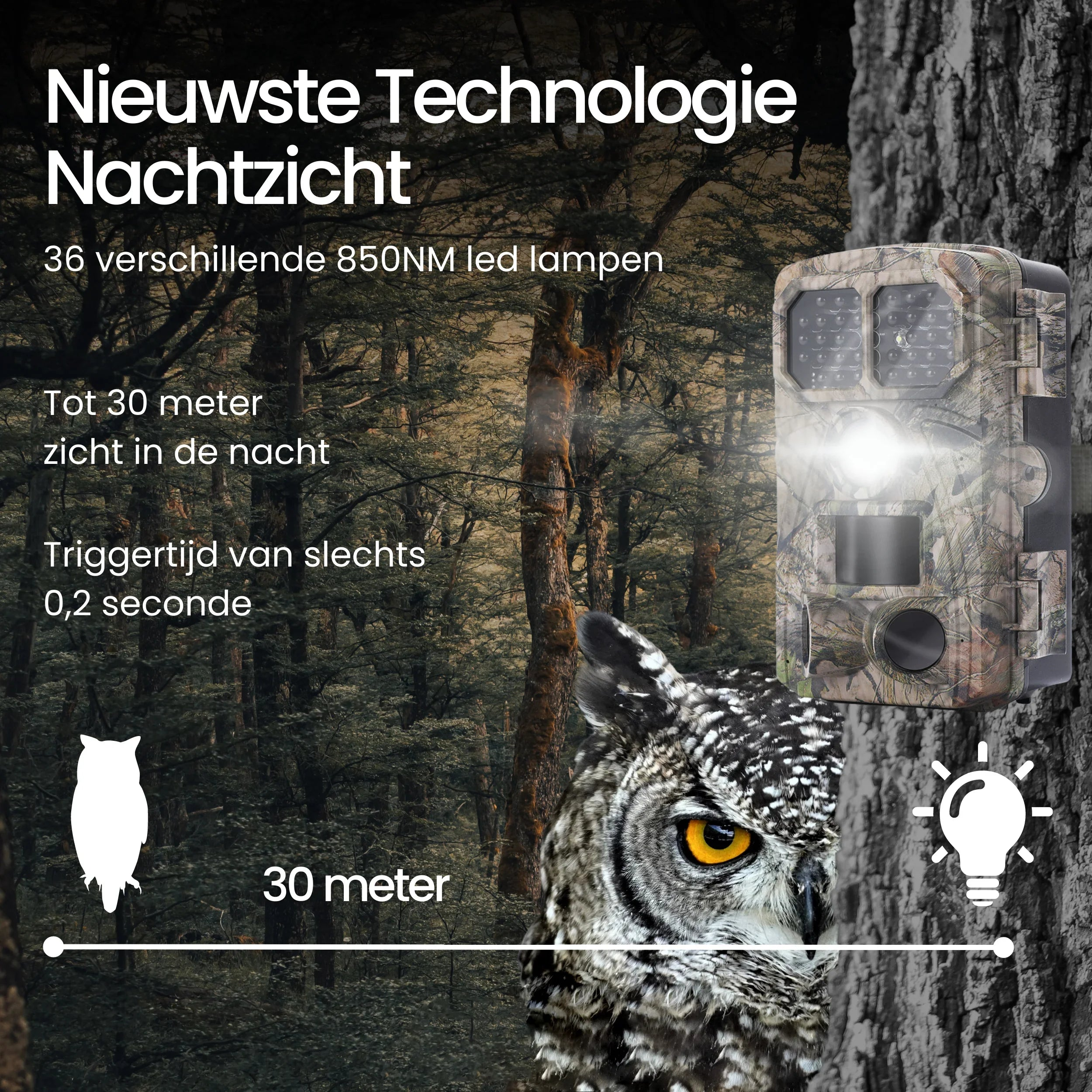 Trail camera with owl and trees, showing night vision technology.