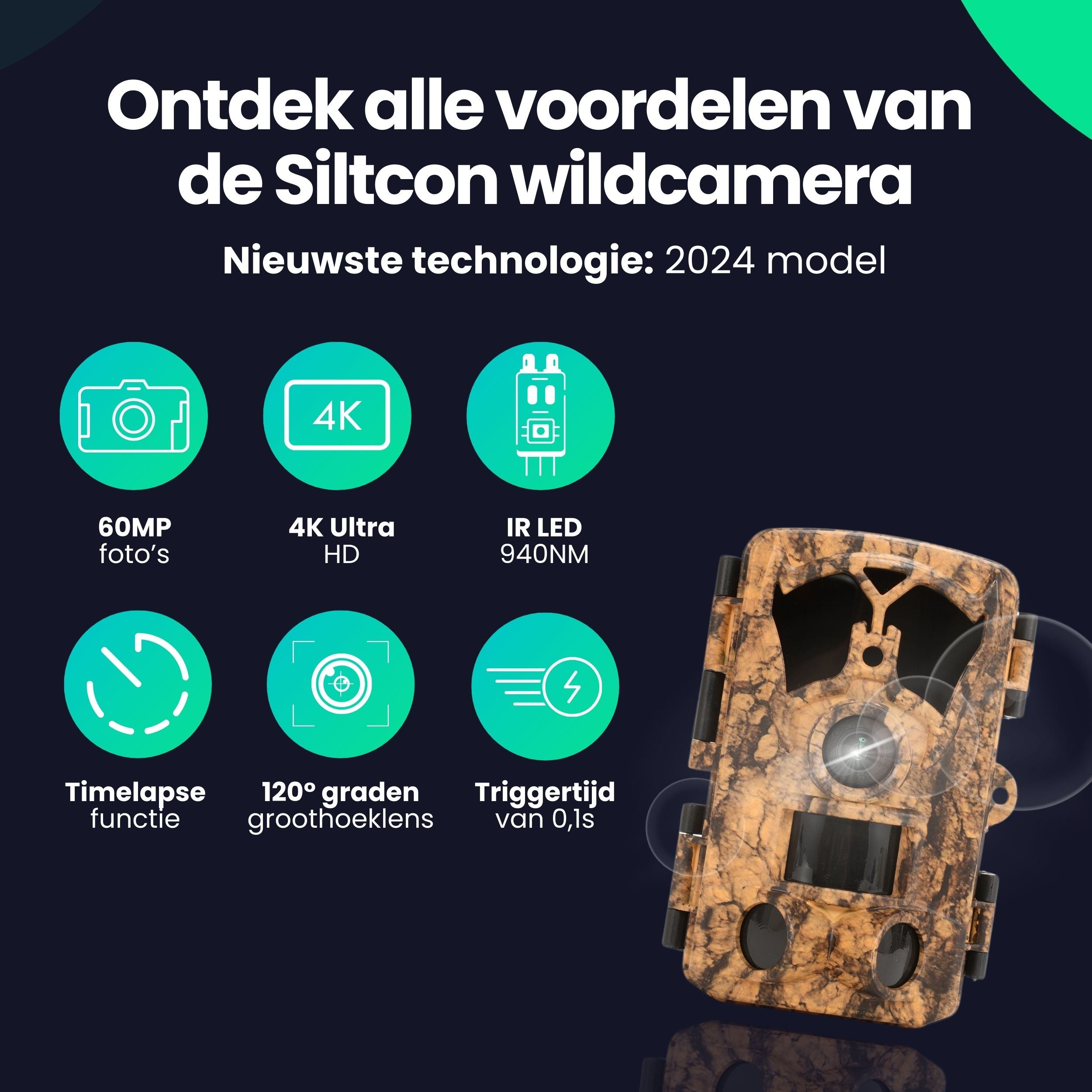 Trail camera with 60MP, 4K Ultra HD, IR LED, Timelapse, 120° wide angle, 0.1s trigger time.