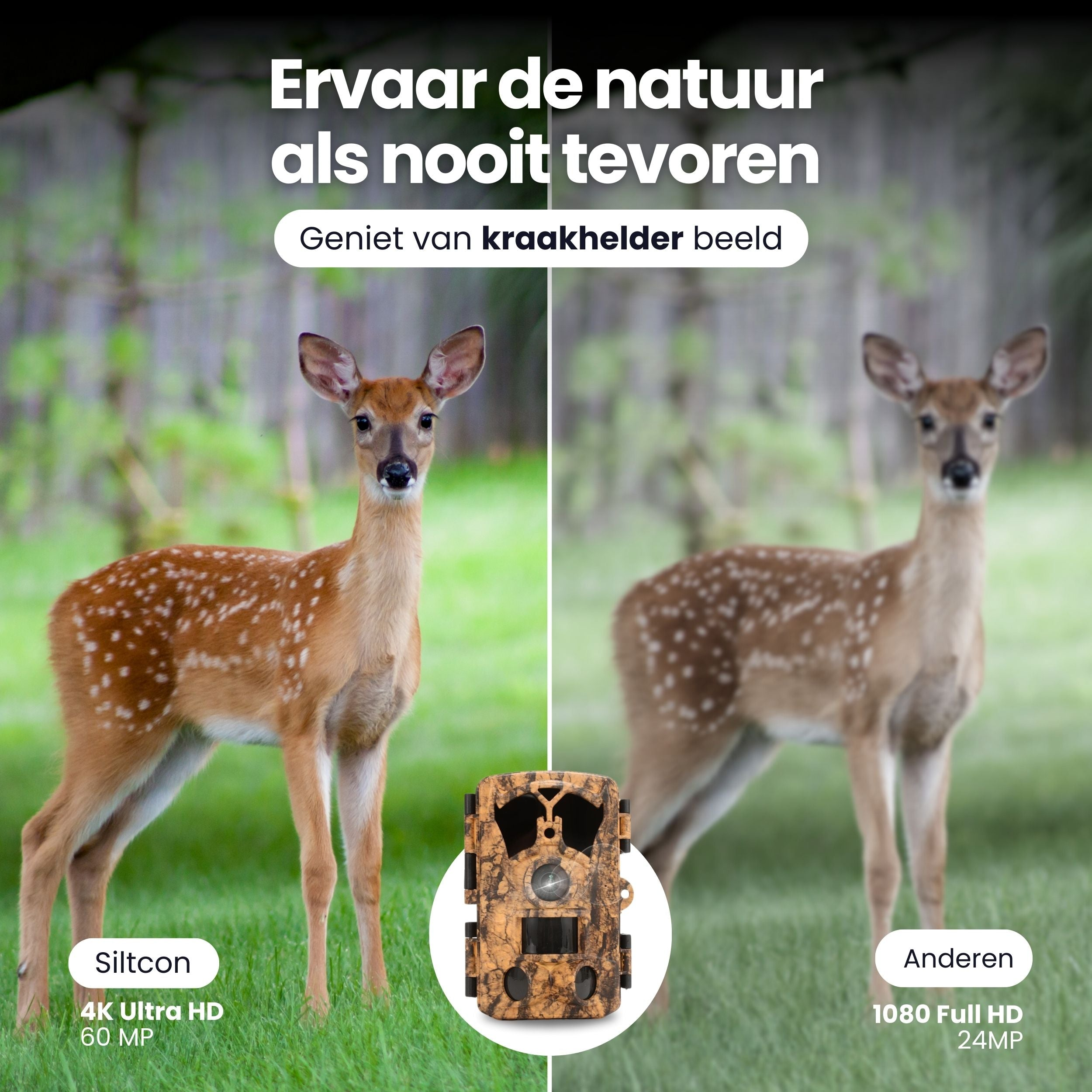 Two deer side by side: one sharp, one blurry. A camera is visible.