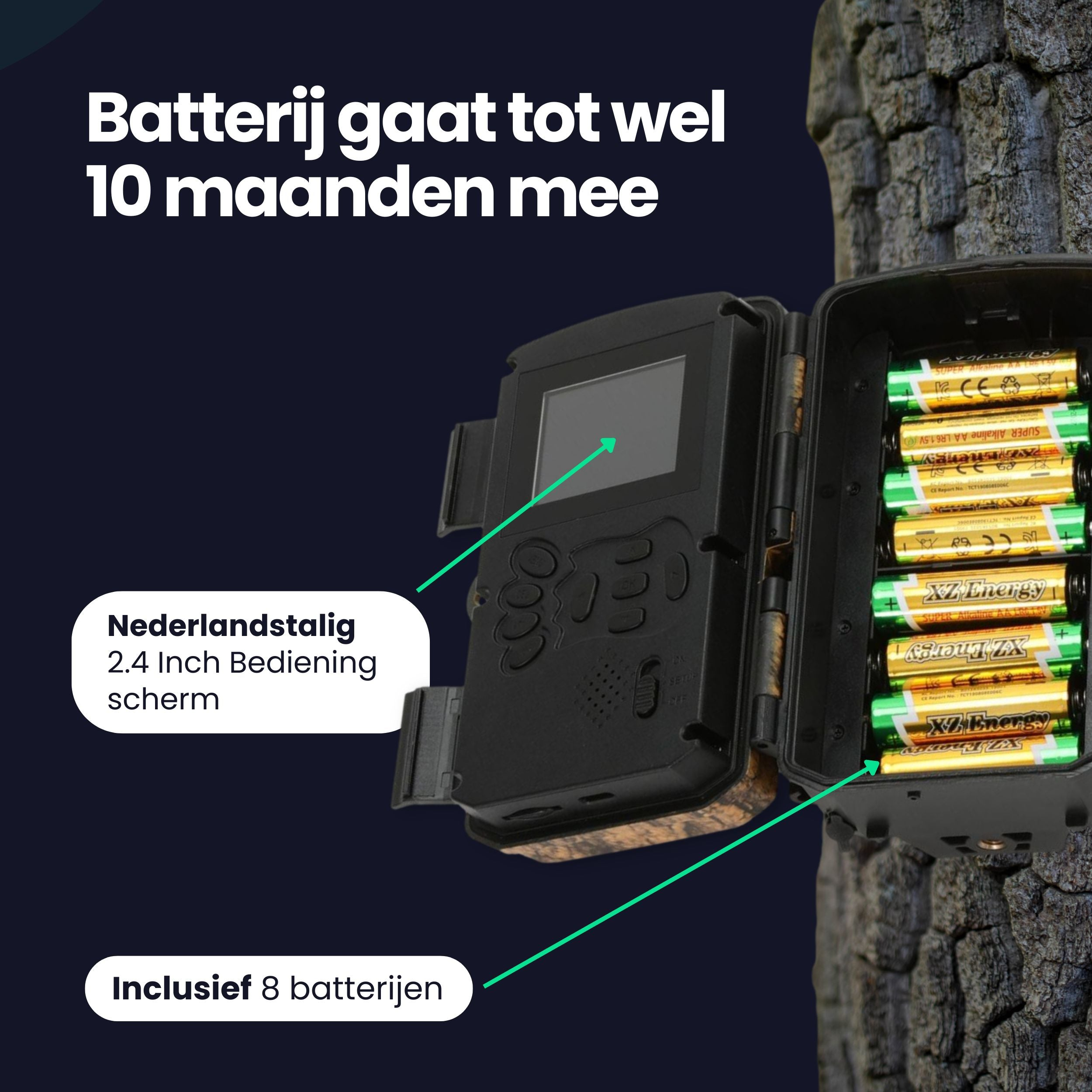 A trail camera with 8 AA batteries, lasting up to 10 months.