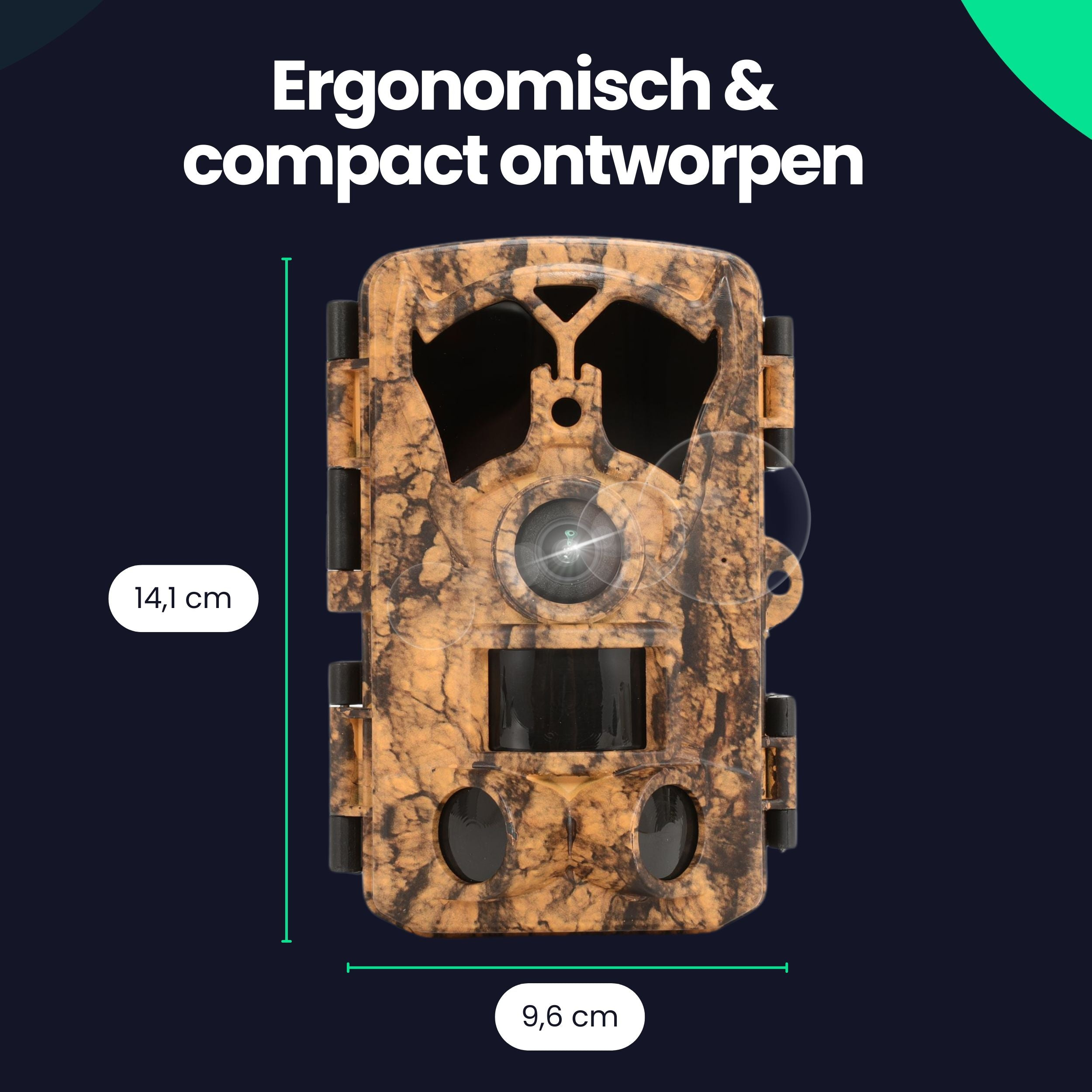 A brown camouflage trail camera, 14.1 cm high and 9.6 cm wide.