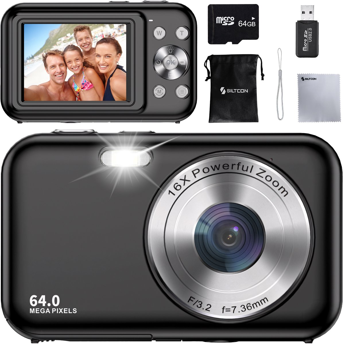Zwarte digitale camera kit met 64MP zoom, SD-kaart, USB-stick, etui en doekje.