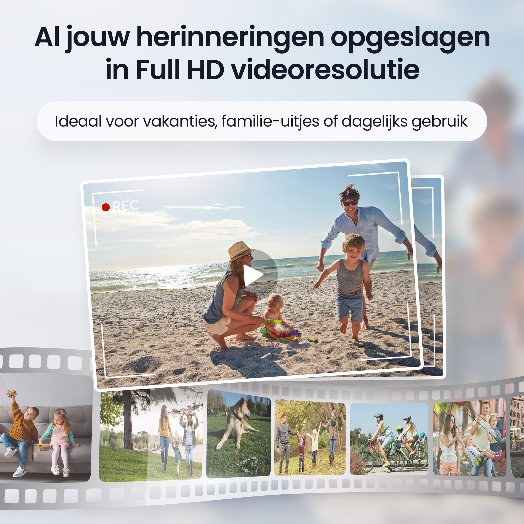 Familie op strand, kinderen & hond in park, fietsen, schommelen.