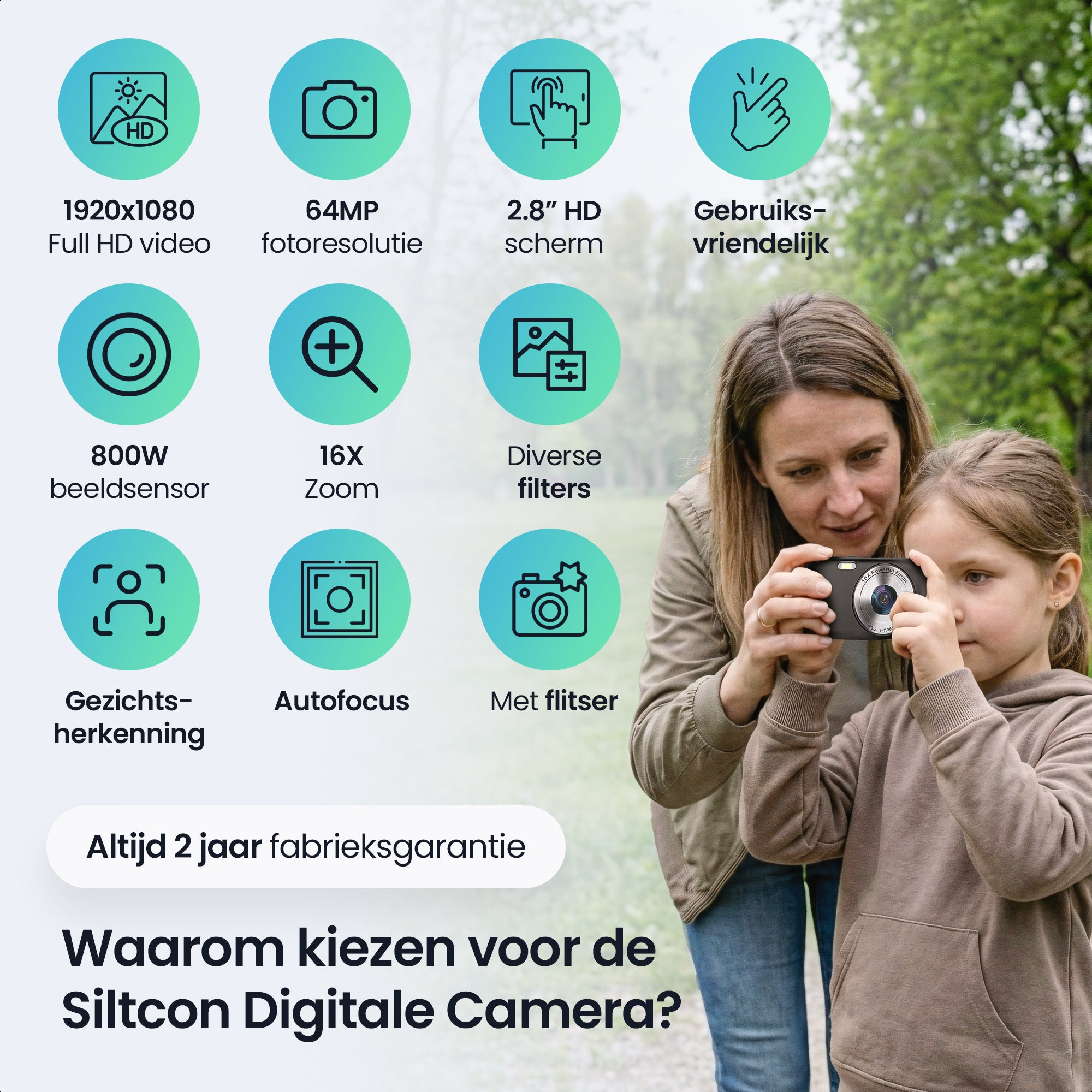 Vrouw en kind fotograferen met digitale camera, iconen tonen functies.
