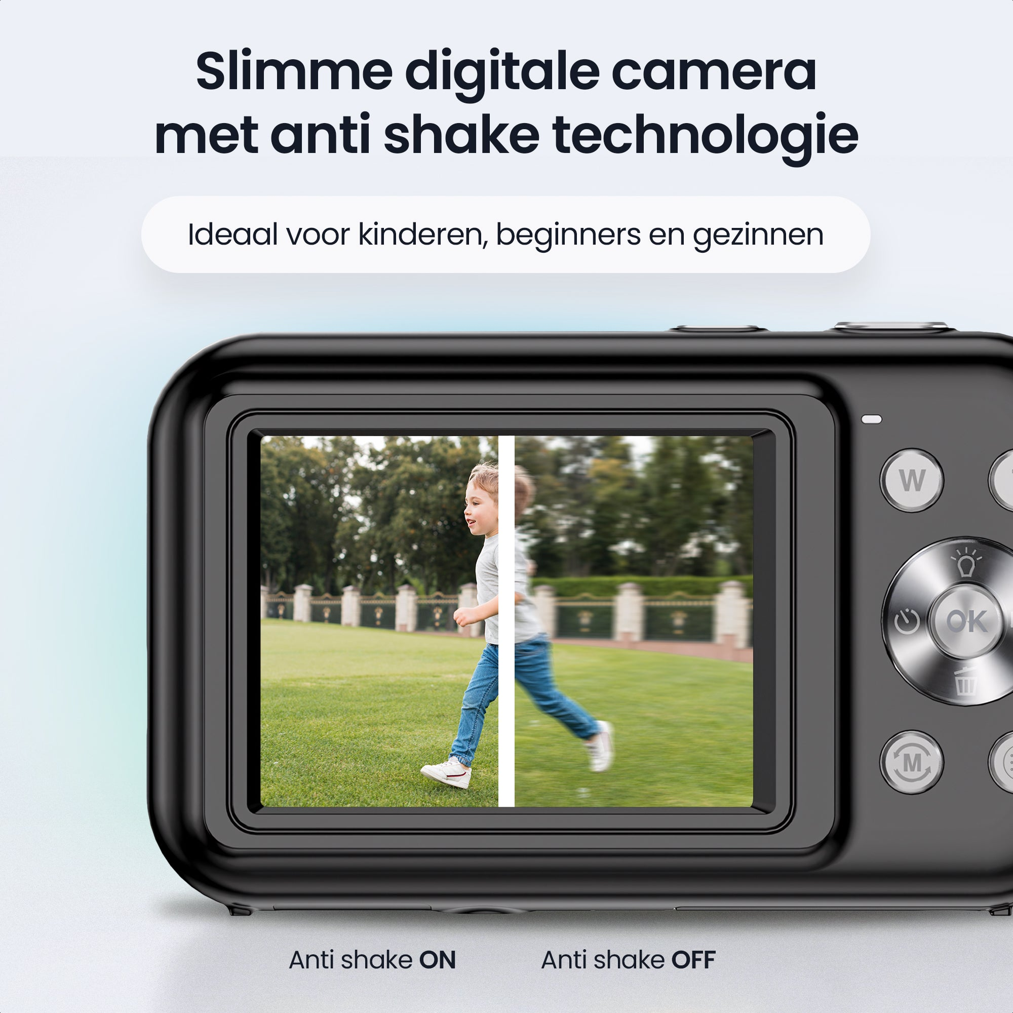 Een jongen rent op een grasveld. De camera toont een vergelijking: links met anti-shake, rechts zonder.