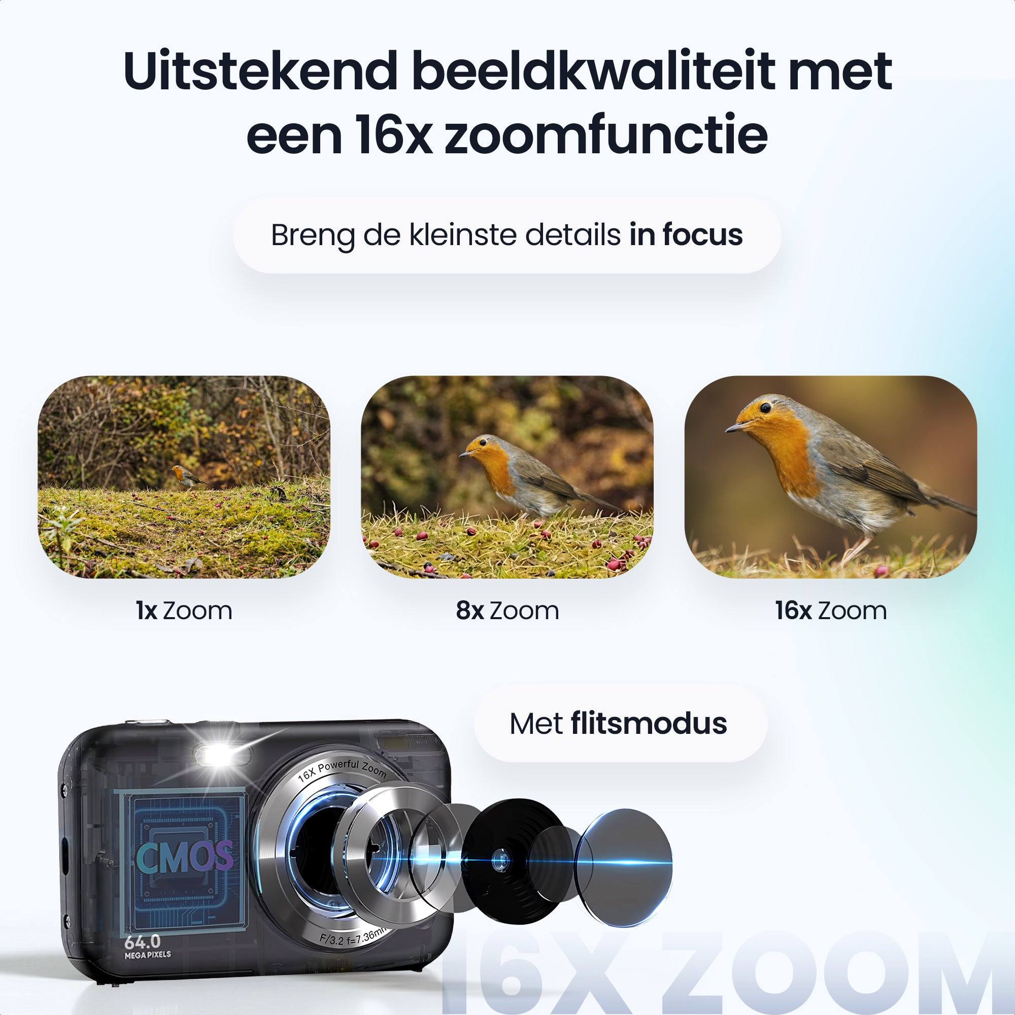Een camera met 16x zoom toont een roodborstje op 1x, 8x en 16x zoomniveau.