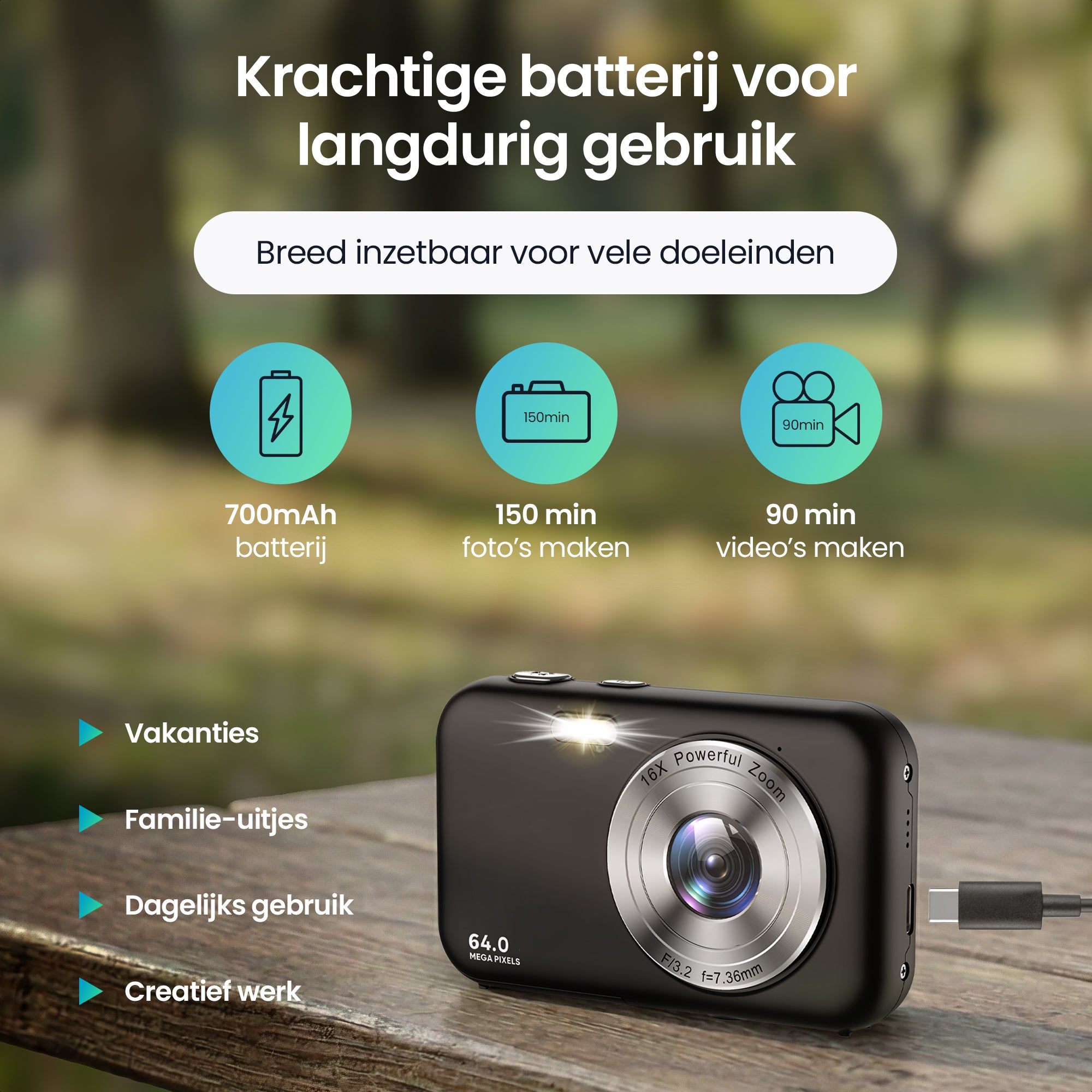Camera met 700mAh batterij, 150 min foto's, 90 min video's. Voor vakanties, familie, dagelijks.