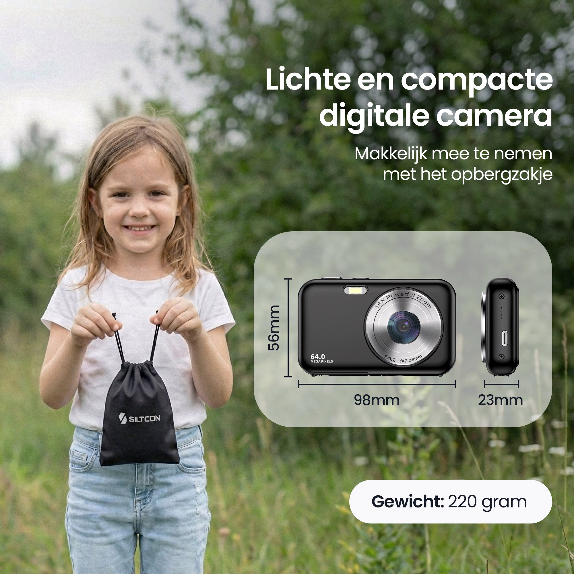 Een meisje houdt een zwarte tas vast. Daarnaast een digitale camera met afmetingen.