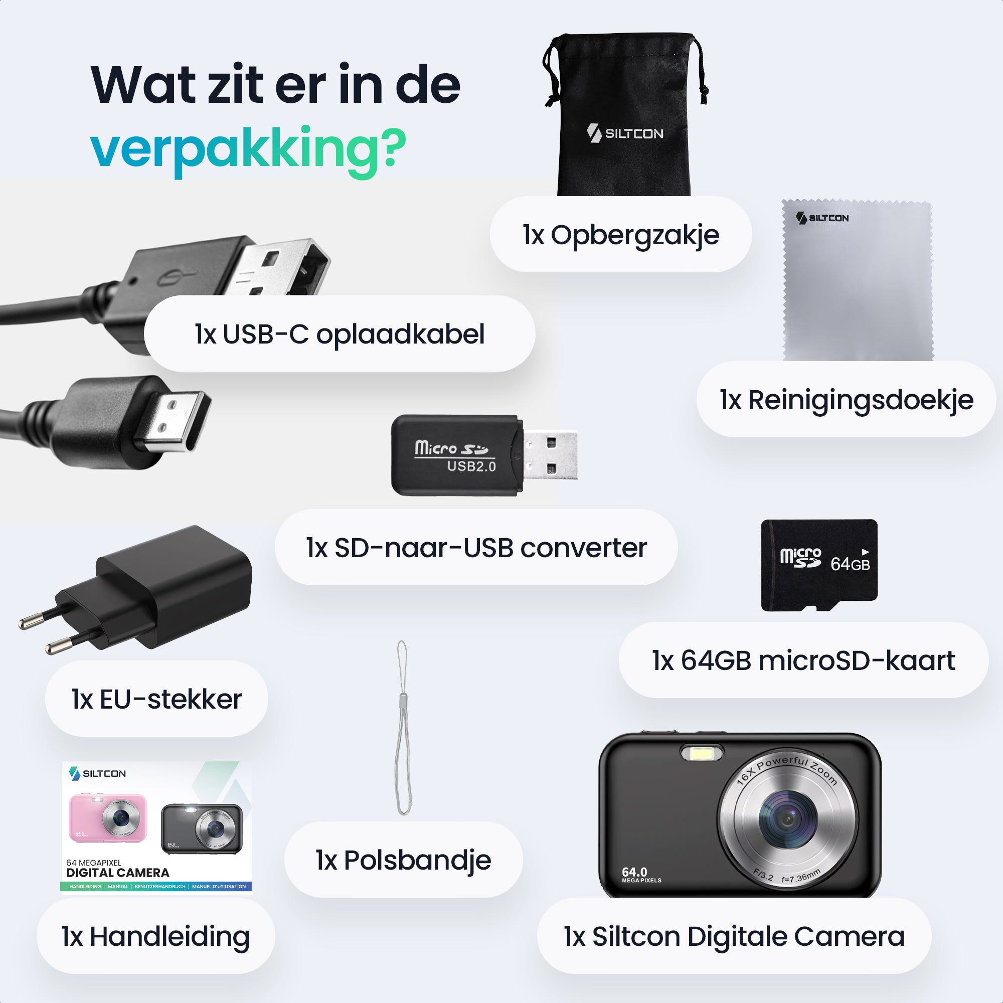 Inhoud cameraset: USB-C kabel, EU stekker, converter, polsbandje, opbergzakje, doekje, SD-kaart, camera.