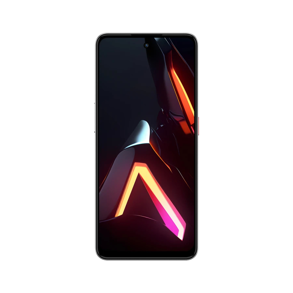Smartfon z ciemnym tłem i abstrakcyjnymi, neonowymi kształtami.