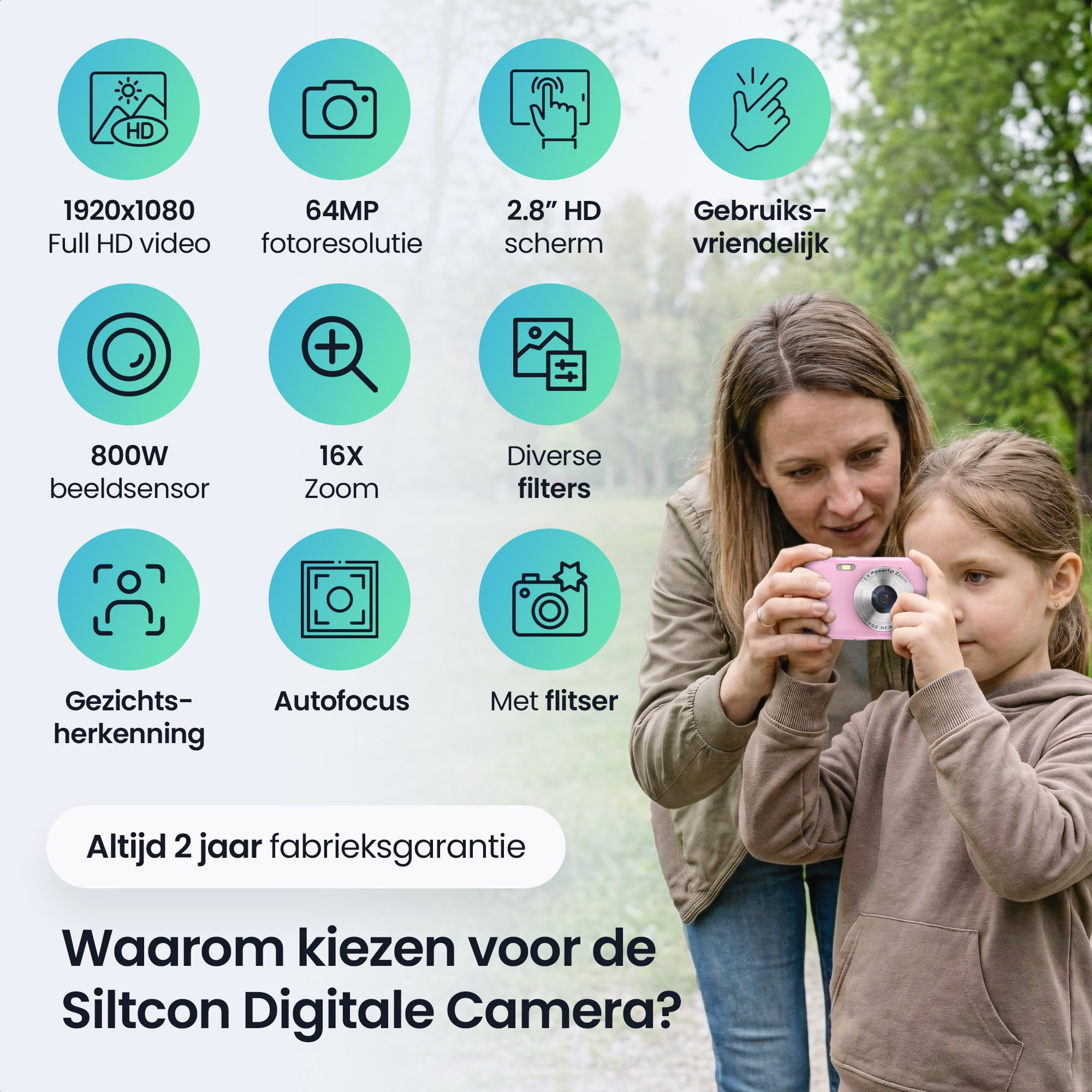Mother and child hold a pink digital camera outdoors. Icons show features.