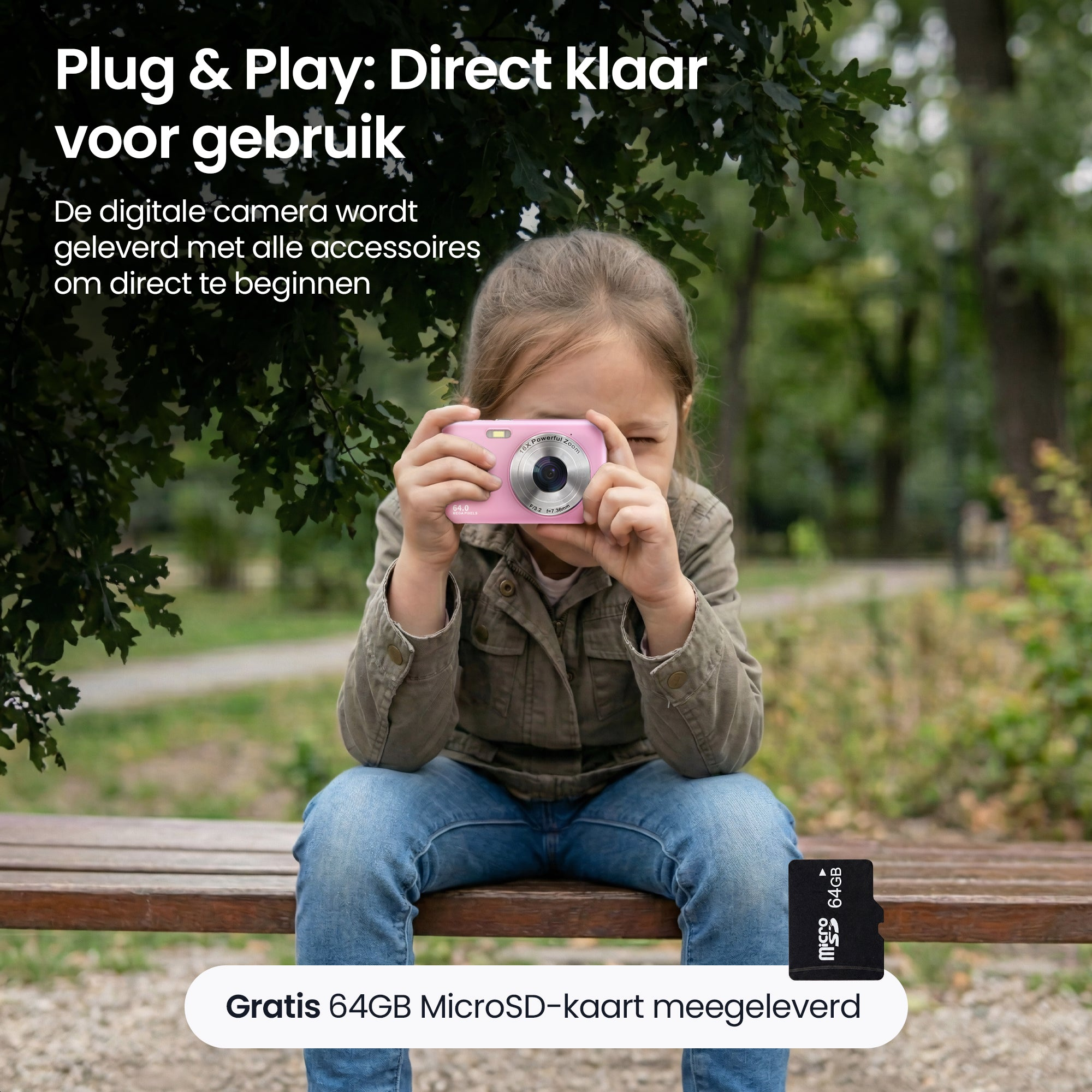 A girl holds a pink camera, with a 64GB MicroSD card nearby.