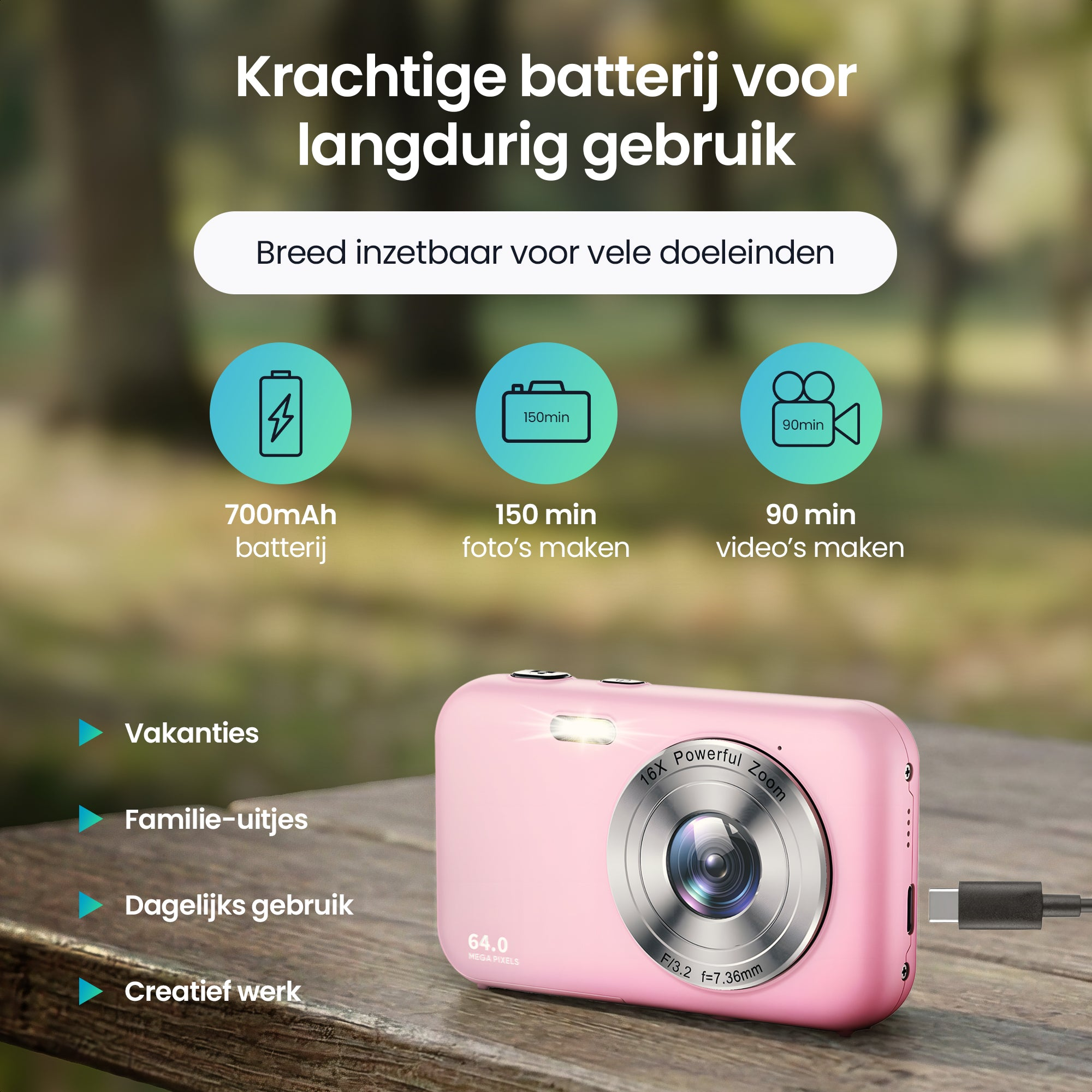 A pink 64MP digital camera with a powerful battery, connected via USB-C cable.