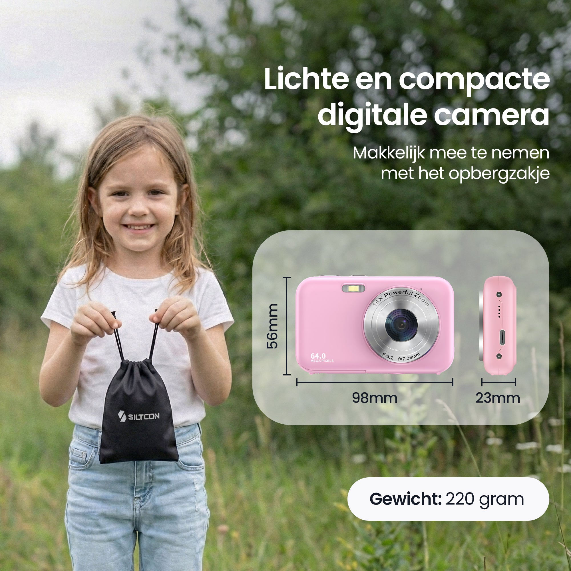 A girl holds a black bag; next to her a pink camera with dimensions.