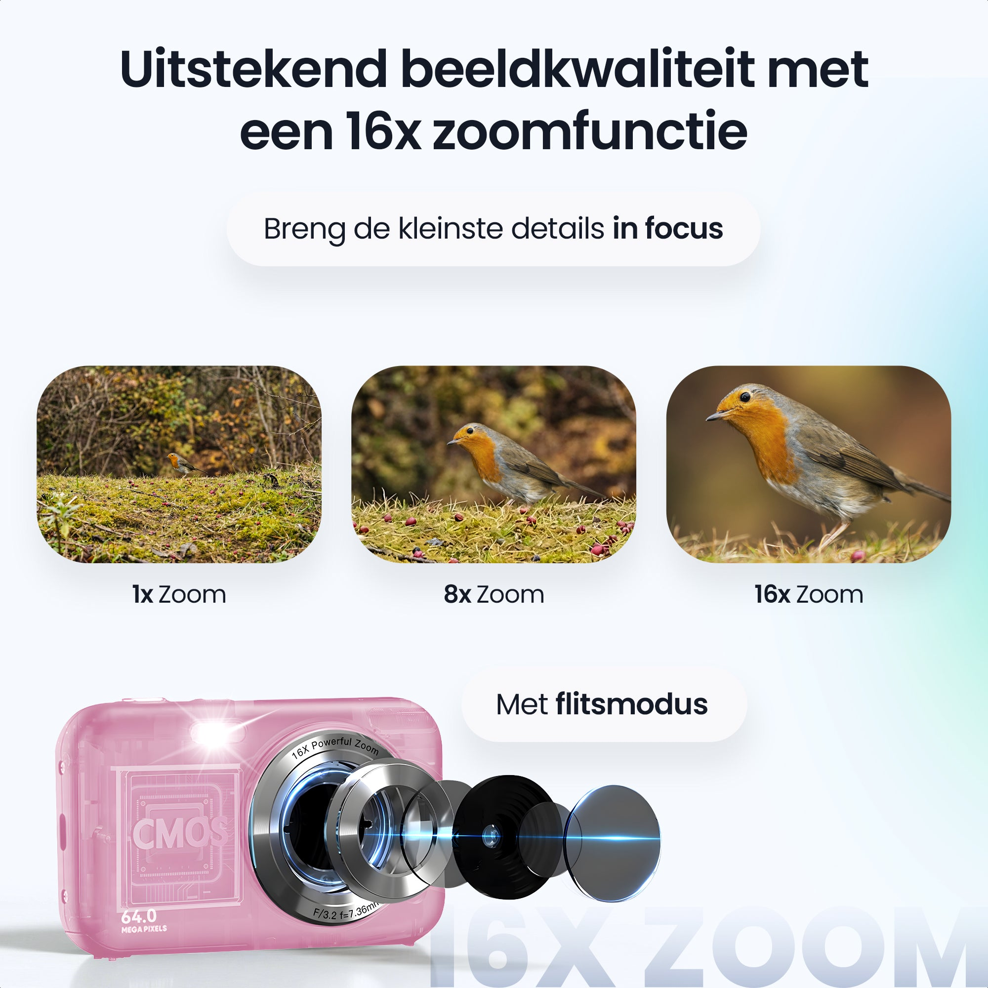 Pink camera showcasing zoom feature with robin bird close-ups and lens detail.