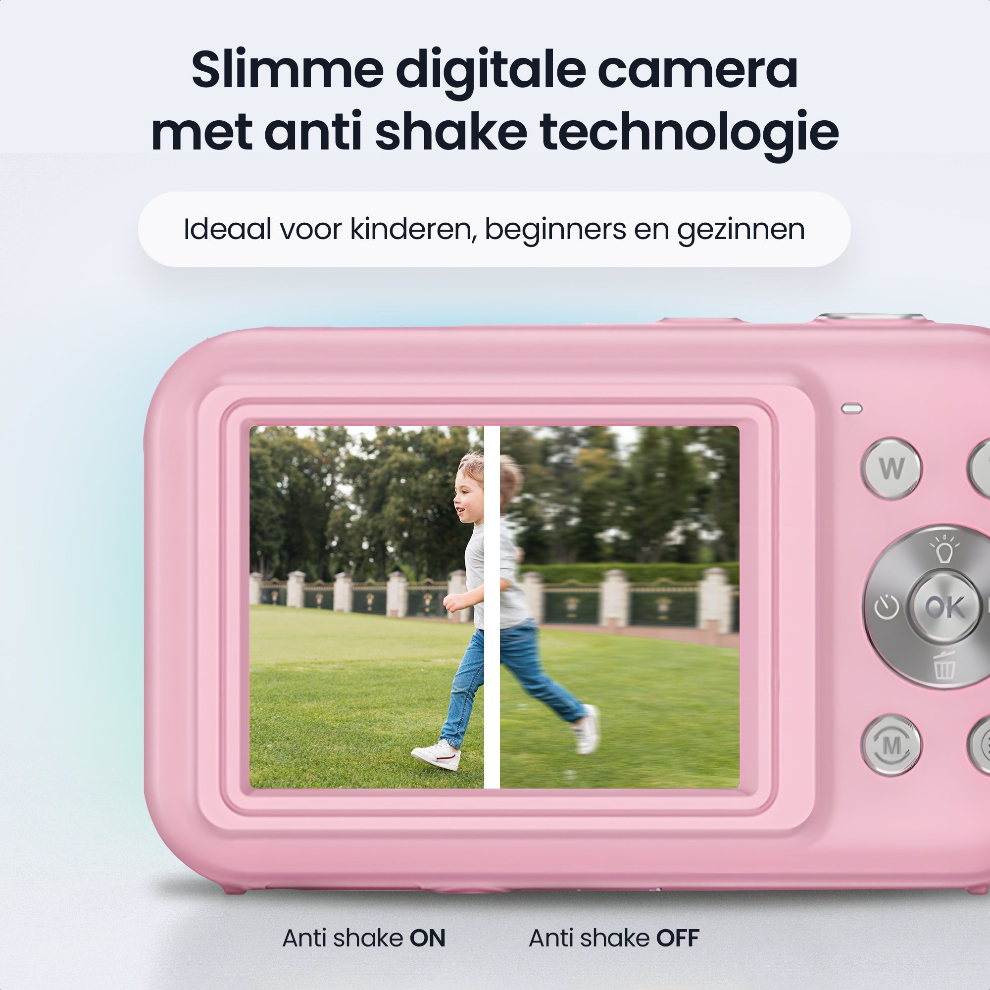 A pink digital camera displays a child running with and without anti-shake.