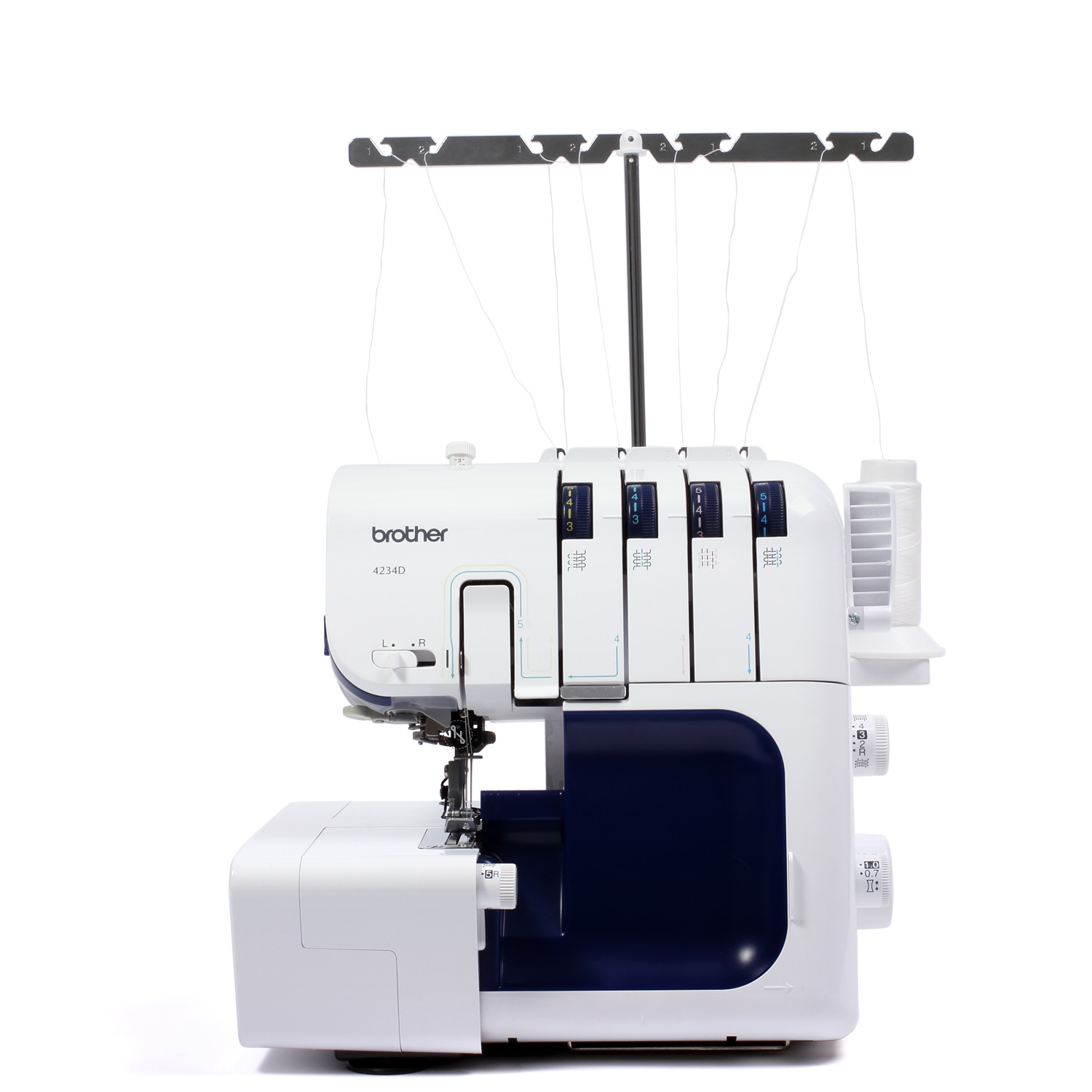 Een witte naaimachine met blauwe accenten staat voor een witte achtergrond.