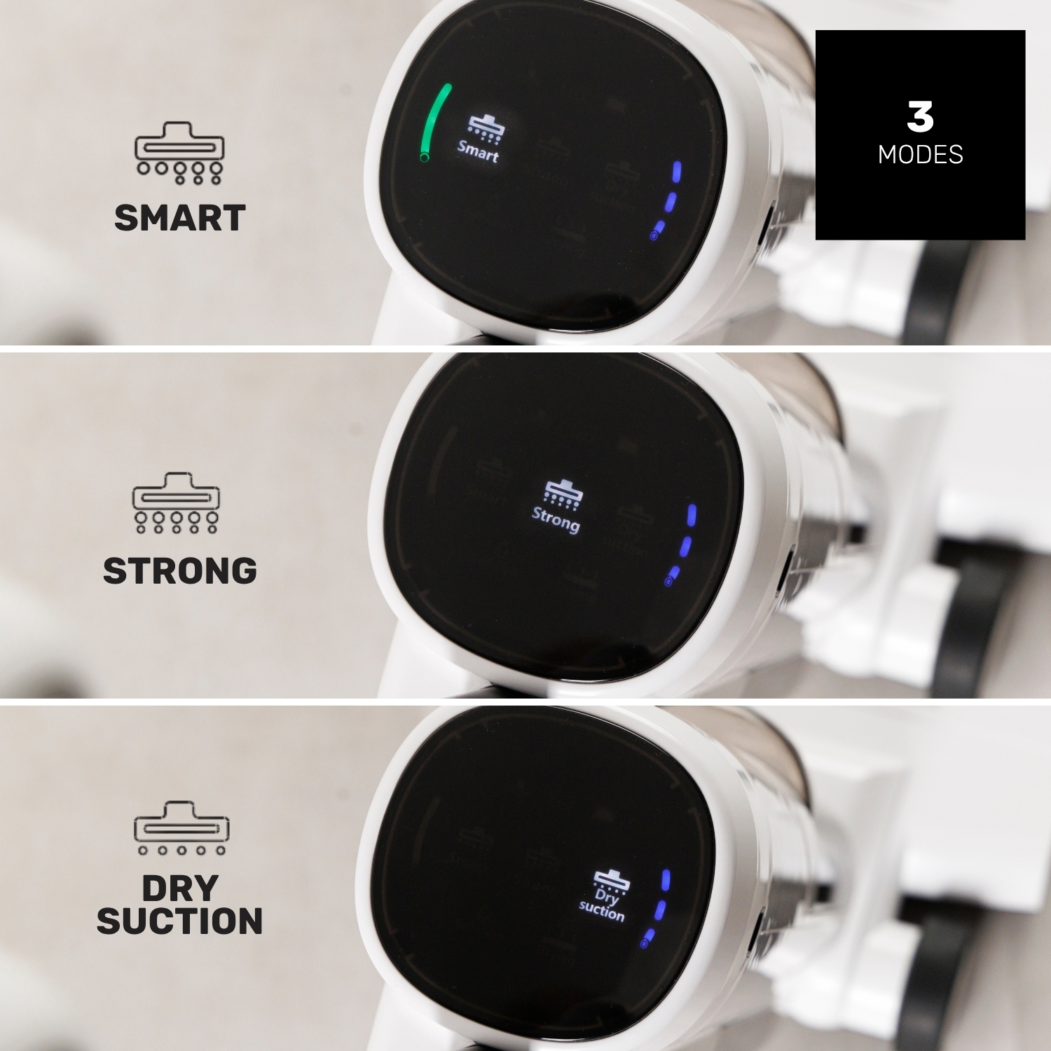 Una aspiradora blanca muestra tres modos: Smart, Strong y Dry Suction.