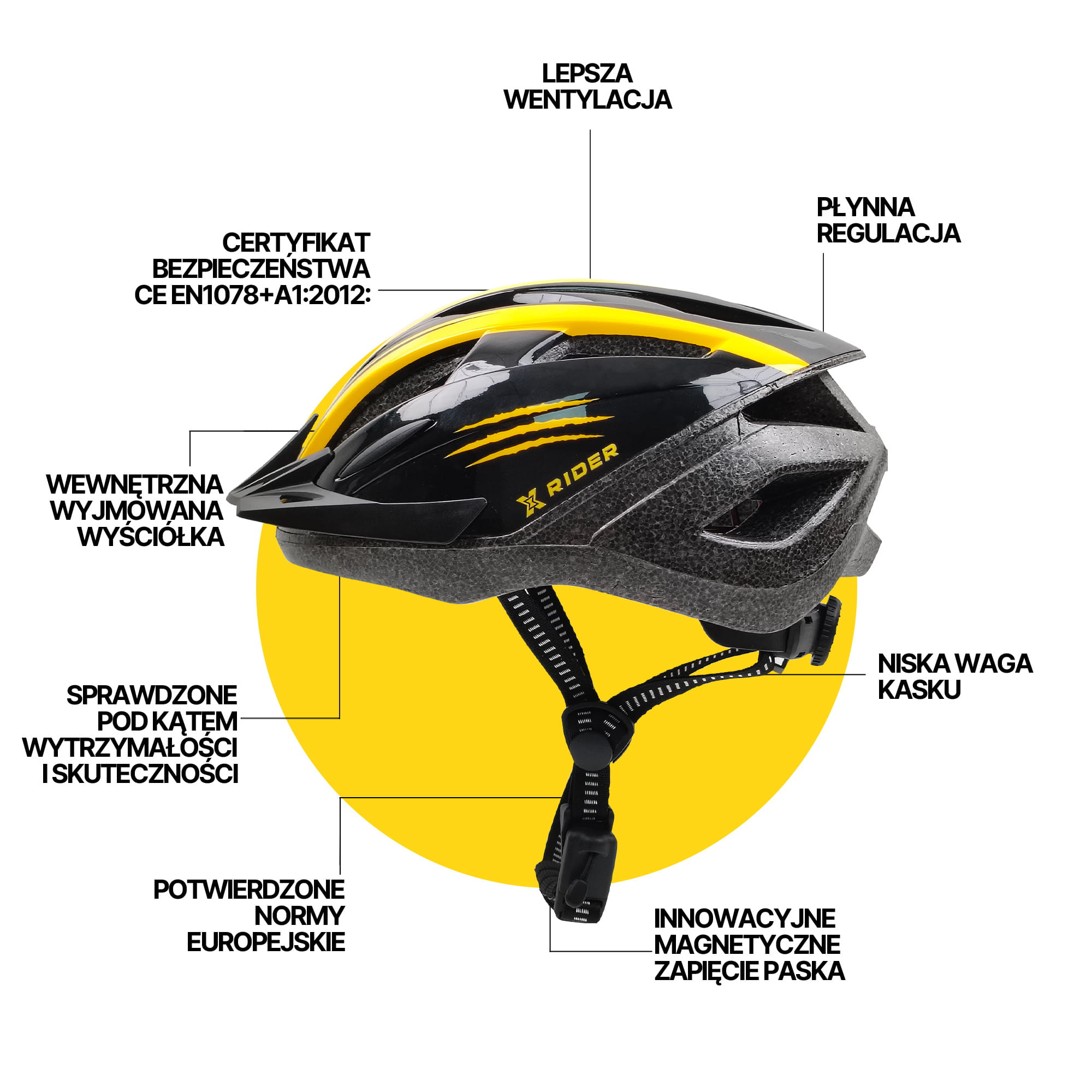 Czarny kask rowerowy z żółtymi akcentami, certyfikowany CE, z wentylacją i magnetycznym zapięciem.